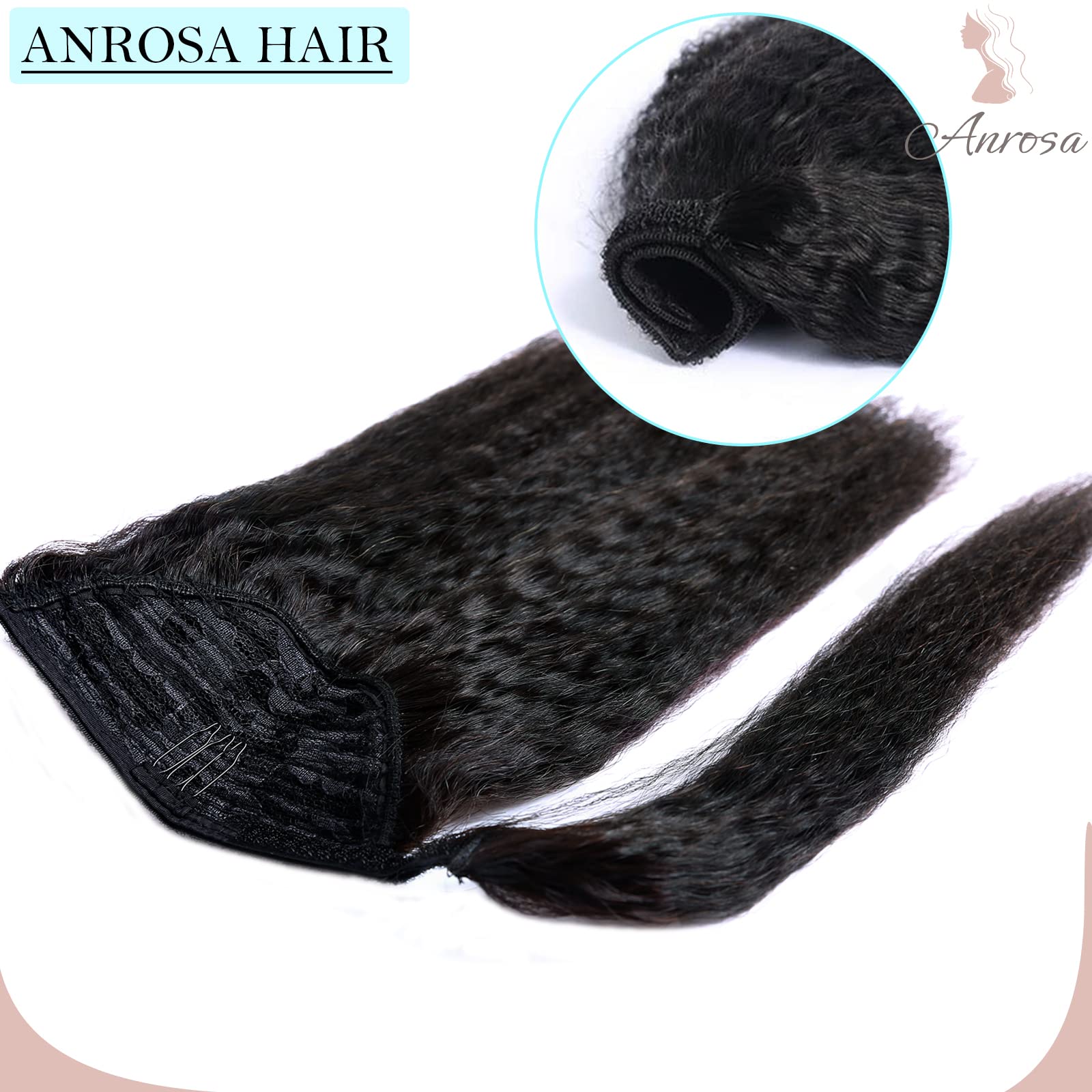 Anrosa #1B Natural Black Ponytail Extension Human Hair Ponytail Extension Hair Wrap Around 100% Remy Human Hair Straight Ponytai