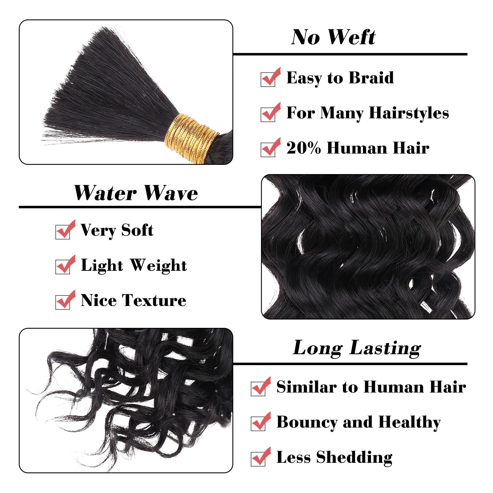 Leeven Water Wave Bulk Braiding Hair 18 Inch 160G No Weft Human Hair Mixed Synthetic Natural Black Curly Hair Bundle For Boho Br