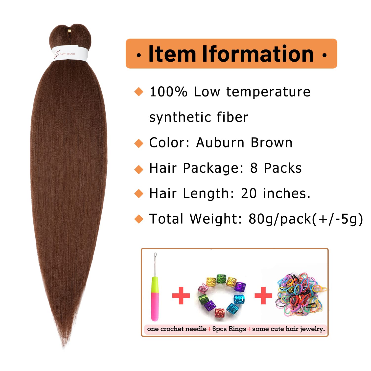 Ubeleco Brown Braiding Hair Pre Stretched 20 Inch 8 Packs Color 30 Braiding Hair Auburn Soft Yaki Texture, No Itch, Hot Water Se