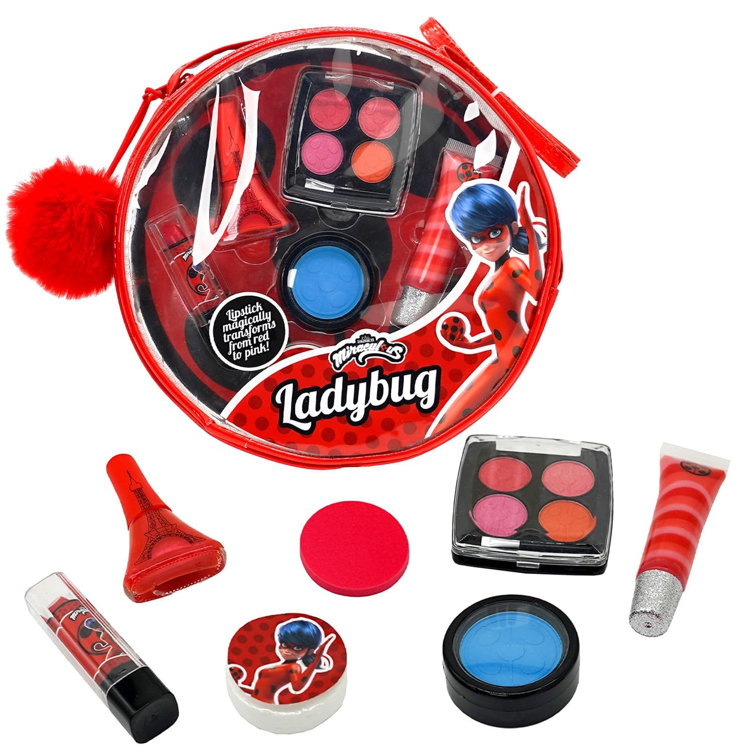 Miraculous Ladybug Kids Makeup Set - 10 Piece Bag with Nail Polish, Hair Chalk, Stickers & More - Safe, Non-Toxic Pretend Play C