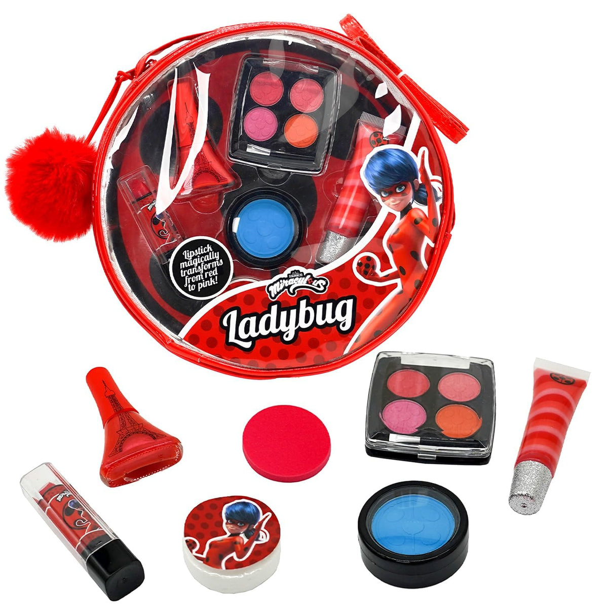 Miraculous Ladybug Kids Makeup Set - 10 Piece Bag with Nail Polish, Hair Chalk, Stickers & More - Safe, Non-Toxic Pretend Play C