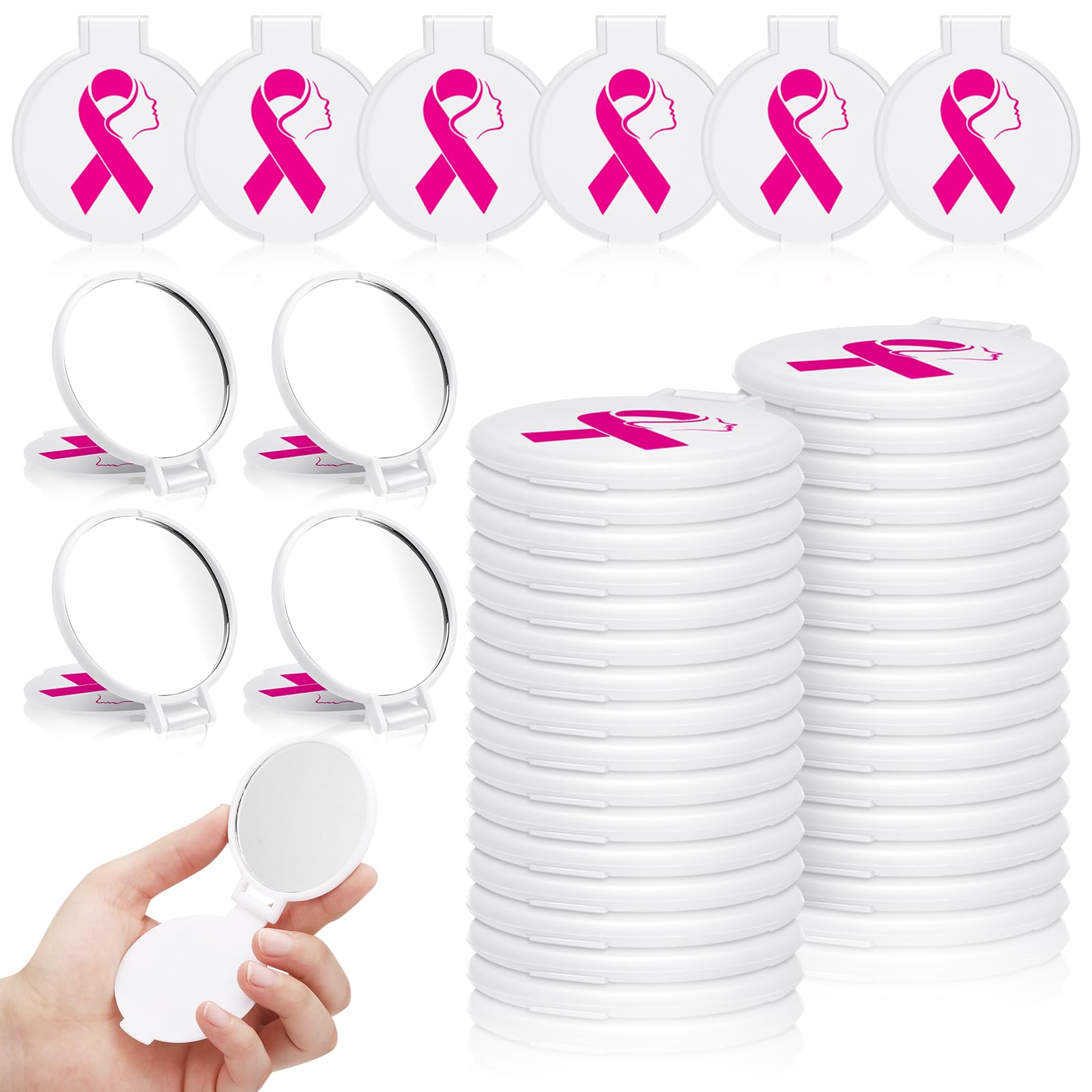 Huwena 100 Pcs Breast Cancer Awareness Accessories Gift Bulk White Pink Ribbon Breast Cancer Compact Mirror for Women Small Pock