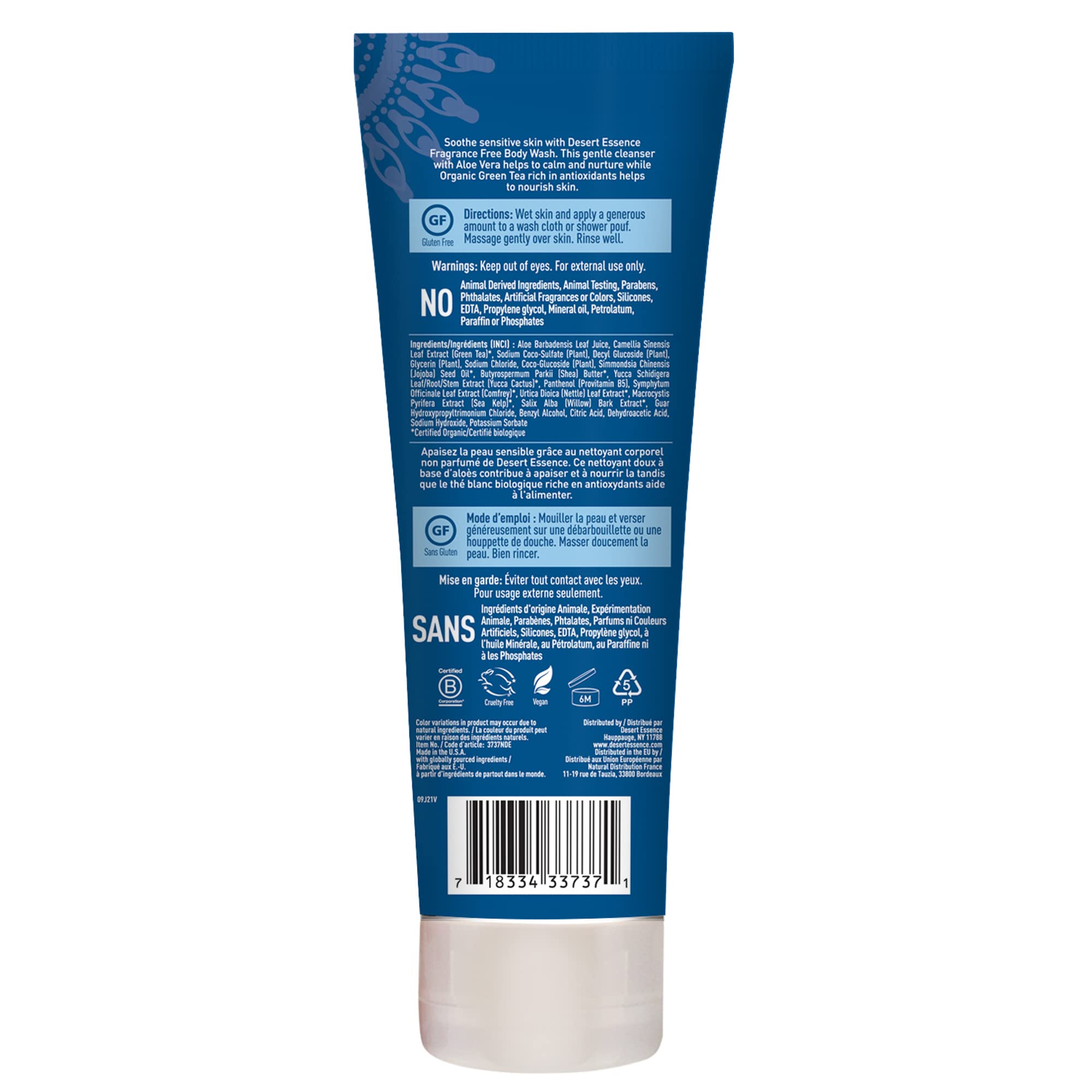 Desert Essence Fragrance Free Body Wash Sensitive Skin-Friendly Plant-Based Cleanser with Organic Aloe, Green Tea & Jojoba Oil -