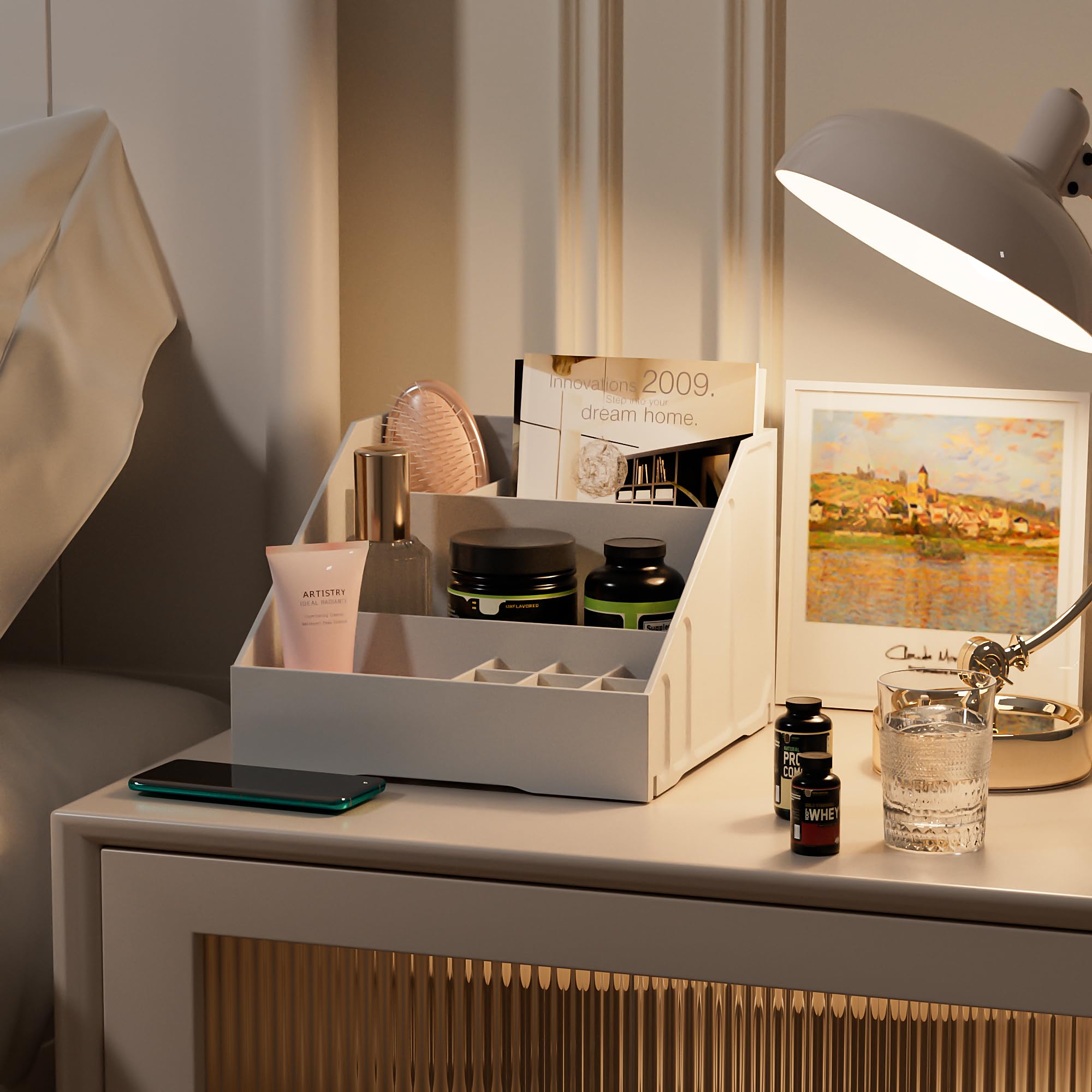 White Makeup Organizer For Vanity With 6 Lipstick Organizer,1 Makeup Brush Holder,3 Different Sized Compartments For Nail Polish