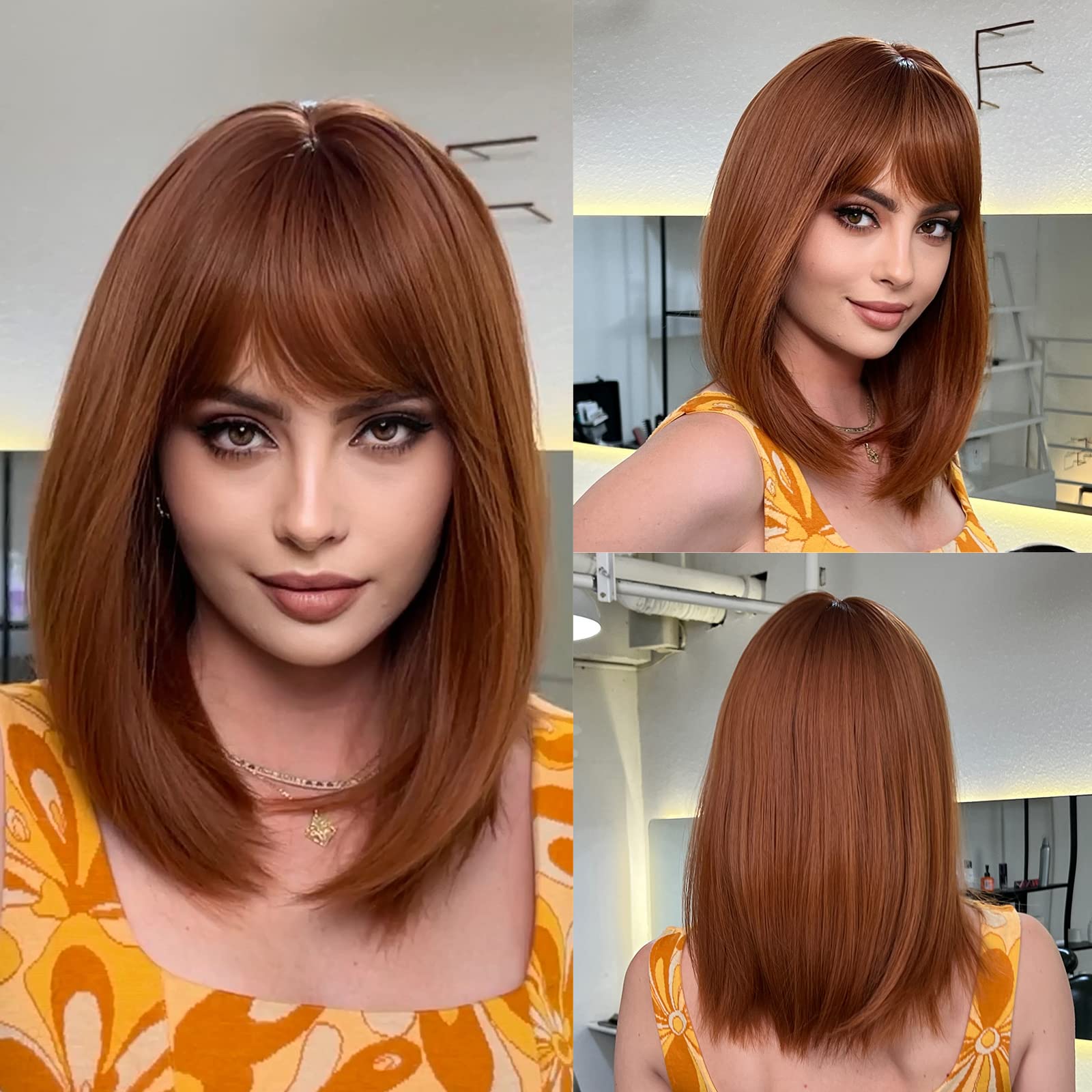 HAIRCUBE Long Ombre Auburn Wig with Bangs,Medium Length Orange Wigs for Women Human Hair Blend Healthy Synthetic 16 Inch Wigs