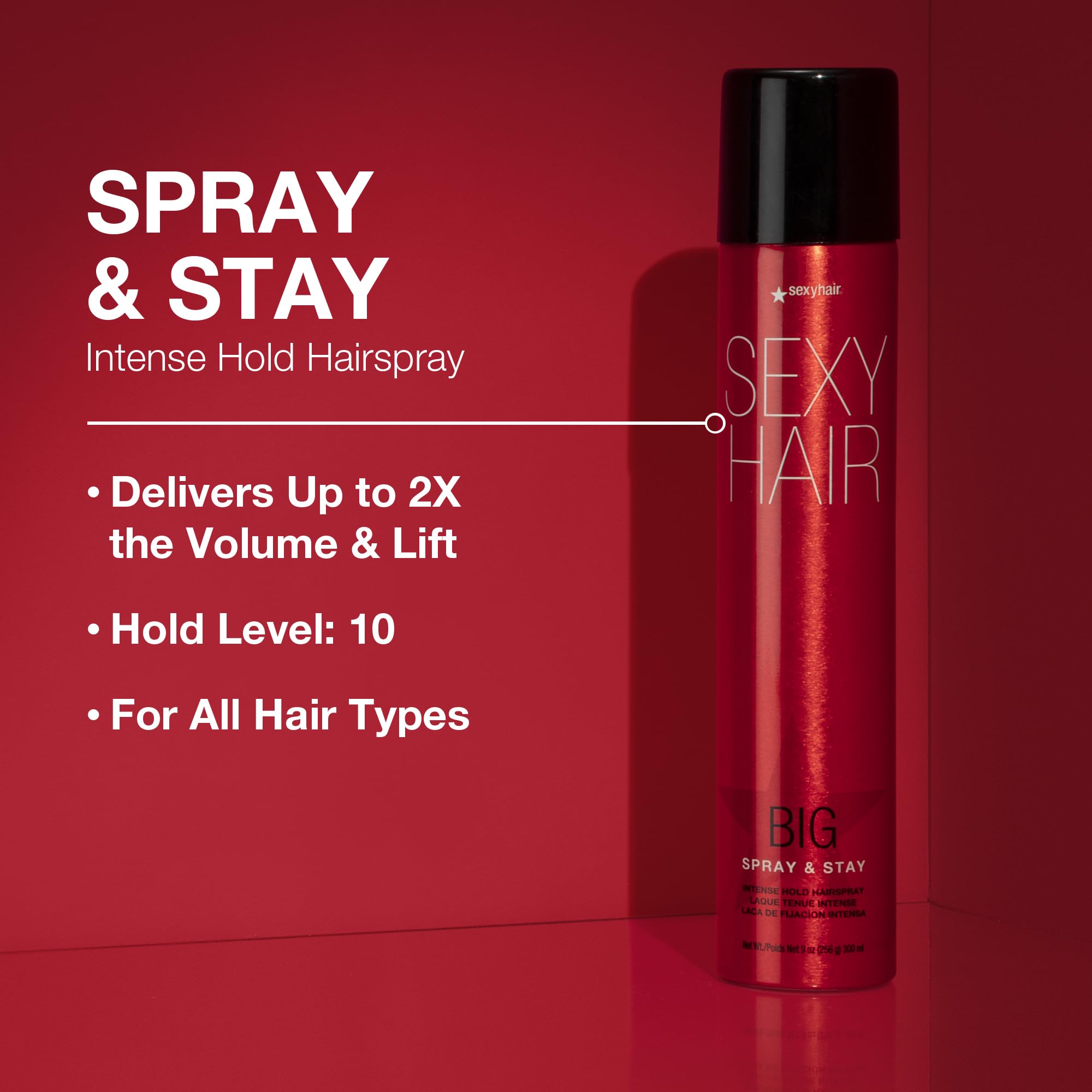 Sexyhair Big Spray & Stay Intense Hold Hairspray, 9 Oz | Extreme Hold And Shine | Up To 72 Hour Humidity Resistance | All Hair T