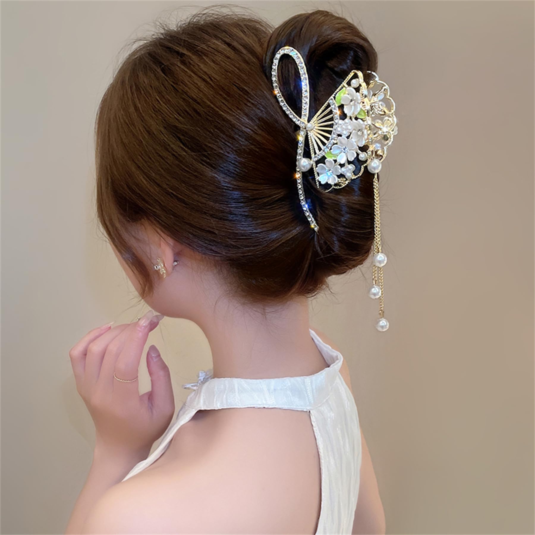 Hair Claw Clip, Rhinestone Pearl French Style Fan Hairpins Hair Barrette Hair Accessories For Women #9