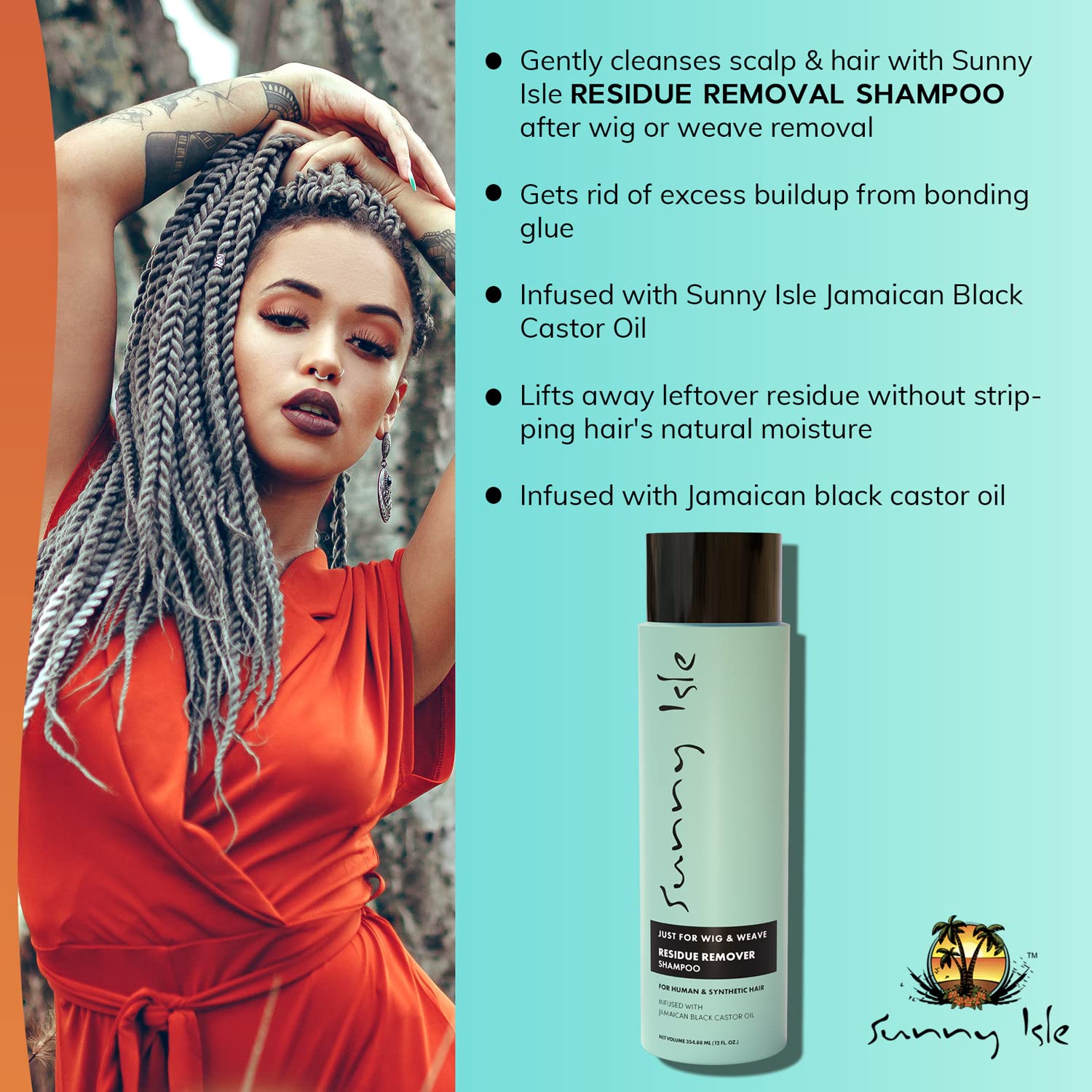 Sunny Isle Just for Wig, Weave, Braid, & Extensions Residue Remover Shampoo 12oz | For Synthetic & Natural Hair | Aloe Vera, Tea