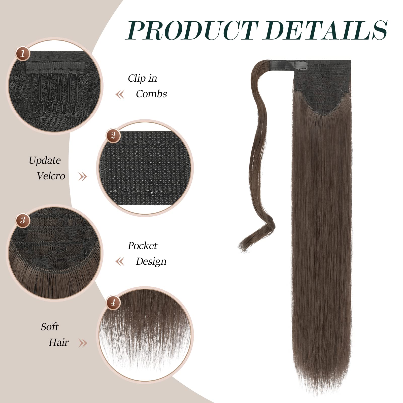 Feshfen Straight Long Ponytail Extensions 28 Inch Wrap Around Synthetic Chestnut Brown Ponytails Hair Piece Pony Tail Hair Exten