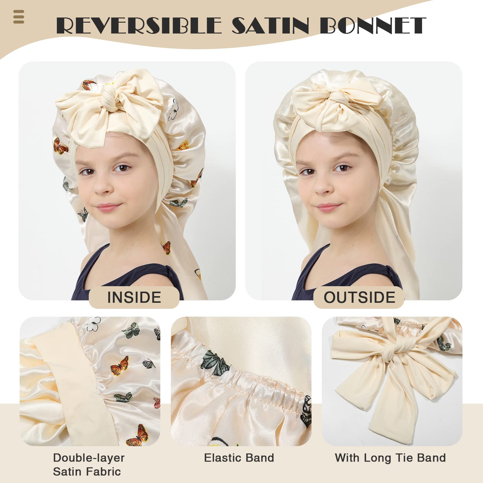 Kids Long Hair Bonnet For Sleeping - Double Layer Girls Elastic Satin Bonnet With Tie Band For Braid Curly Hair (Butterfly+Beige