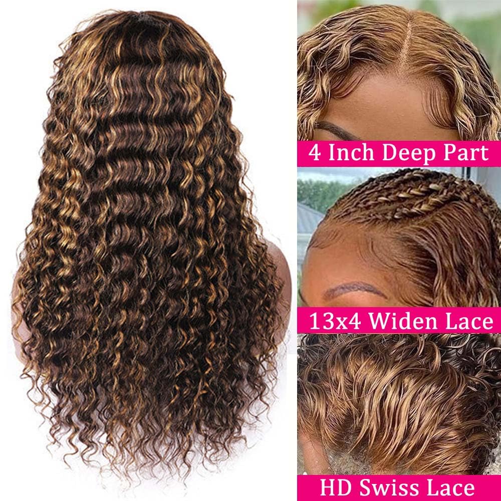 Honey Blonde Curly Lace Front Wig Human Hair 13X4 Highlight Ombre Deep Wave Lace Front Wigs Human Hair 180% Density Human Hair L