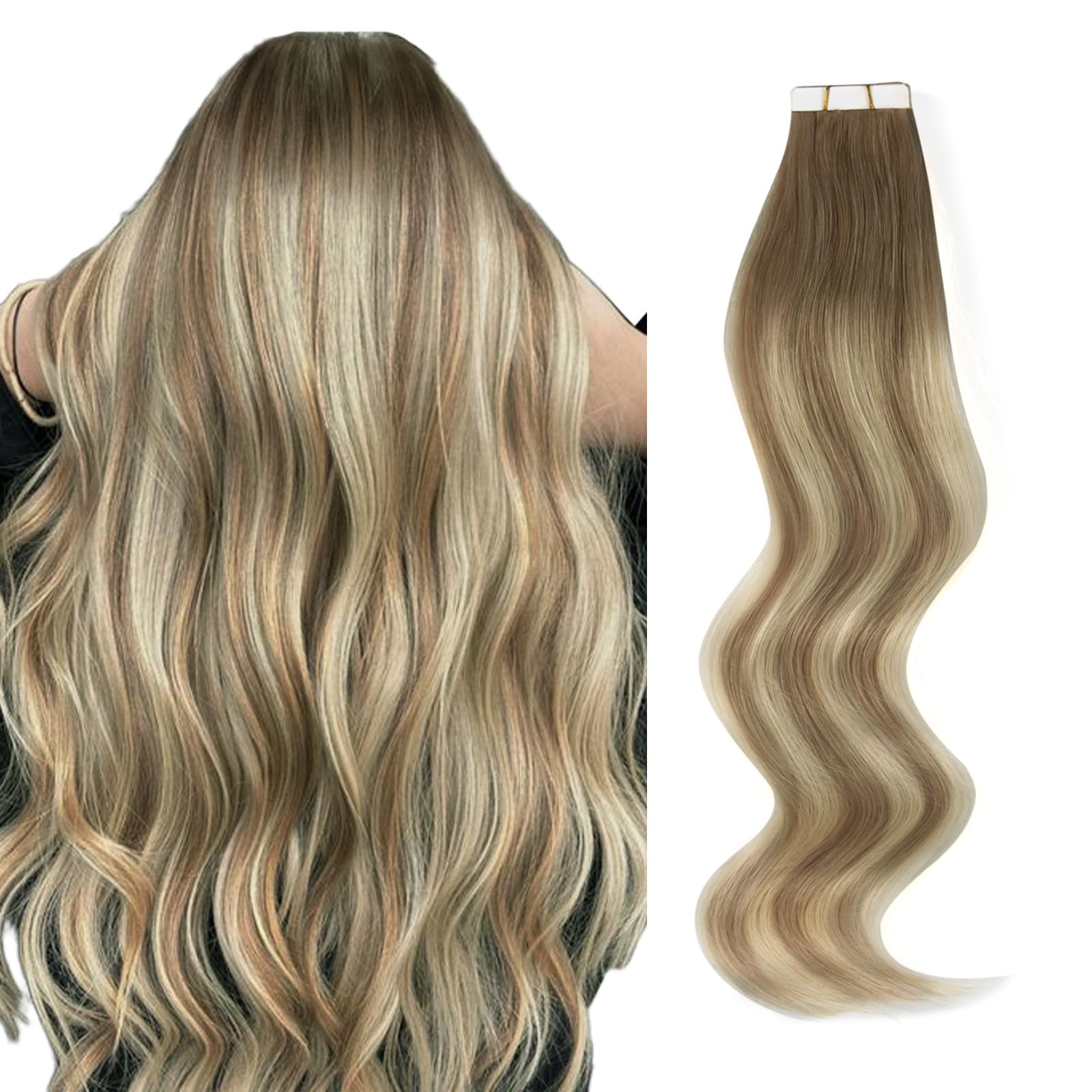 Abh Amazingbeauty Hair 22 Inch Hair Extensions Real Human Hair Tape In Balayage Ash Brown To Blonde Mix With Light Blonde Invisi
