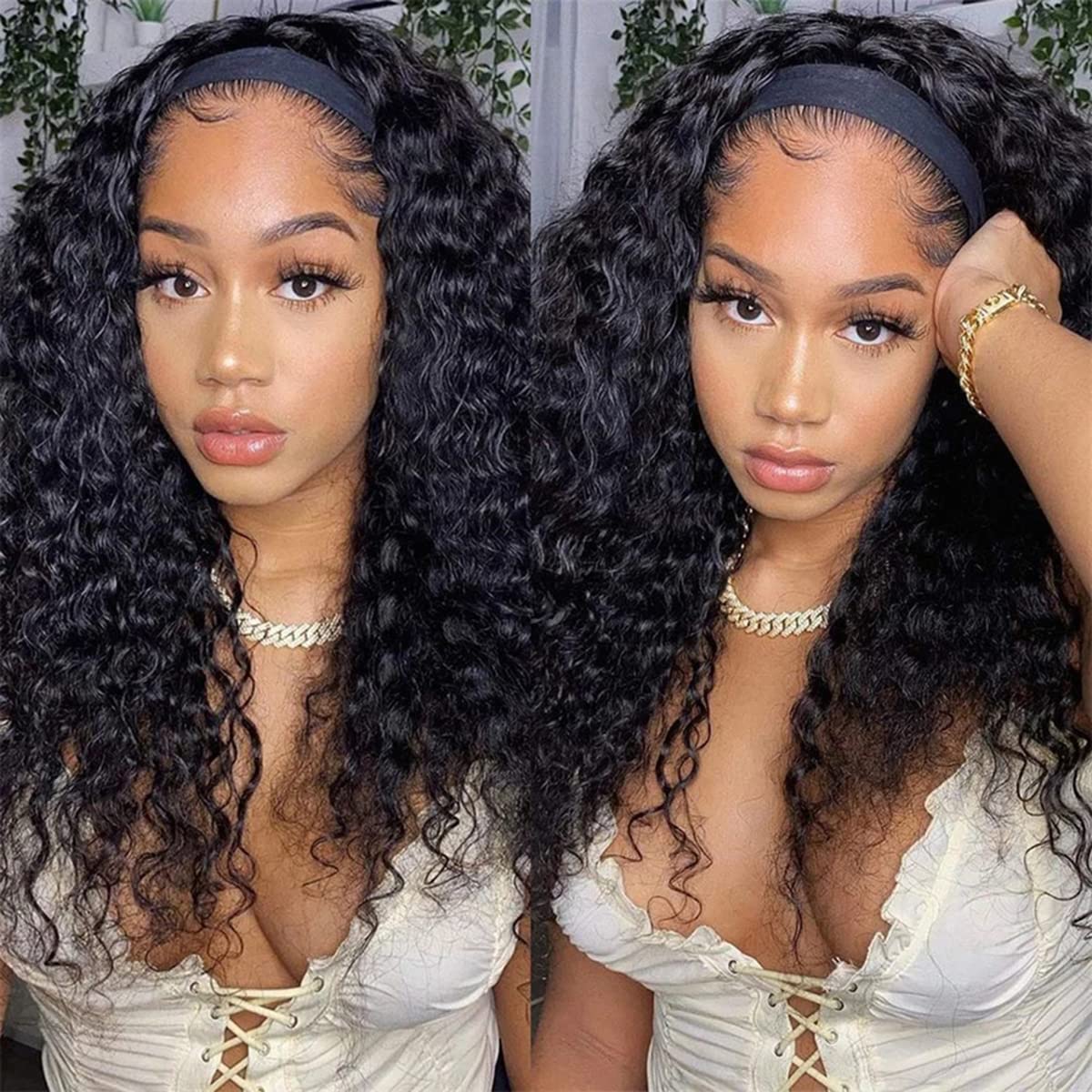 Isee Headband Human Hair Wigs 180% Density Water Wave Curly None Lace Front For Black Women Glueless Deep Wave Machine Made Wigs