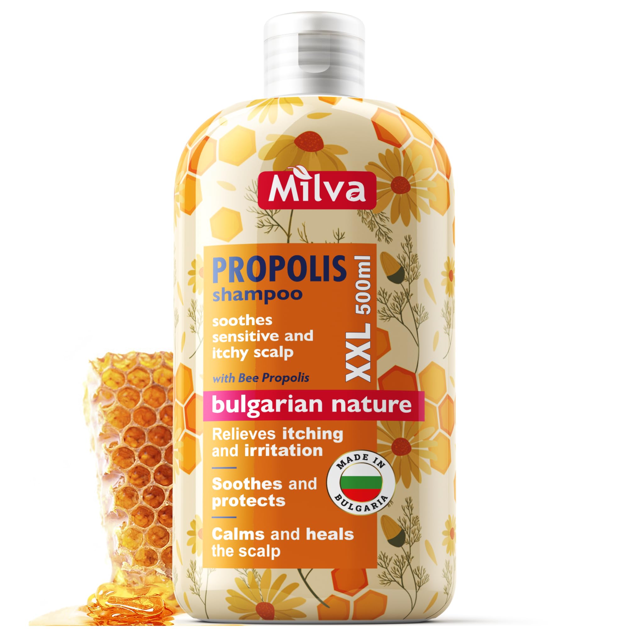 Milva Itchy Scalp Shampoo with Propolis  17 Fl Oz Natural Anti Dandruff Dry Scalp Treatment with Honey Bee Soothing Formula for