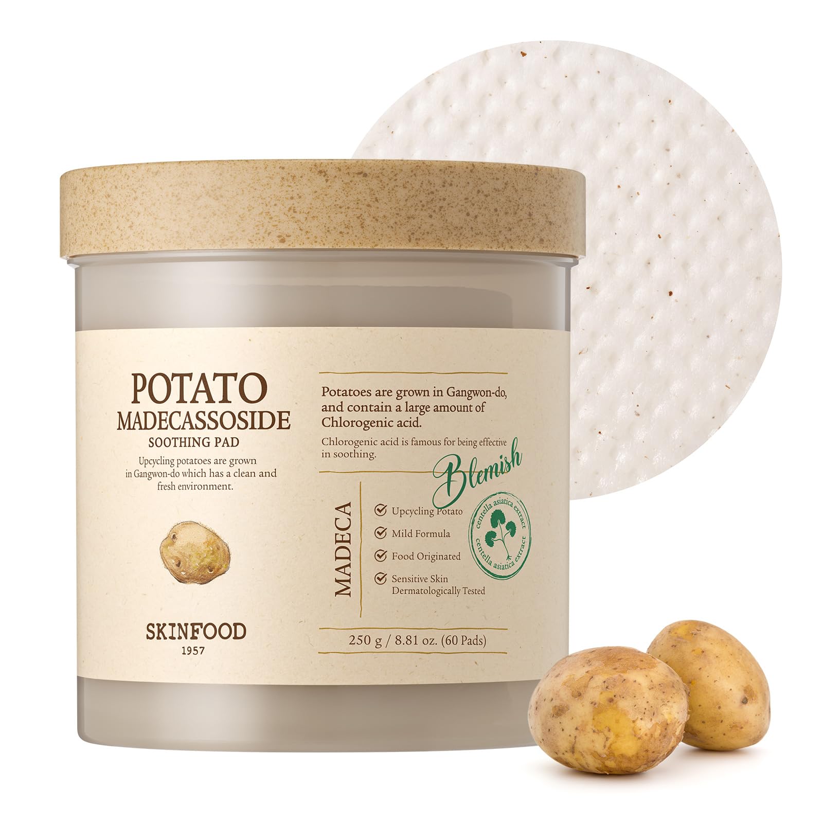SKINFOOD Potato Madecassoside Soothing Toner Pad, Korean Skincare Facial Toner, Blemish Pads, Damaged Skin Barrier Improvement, 
