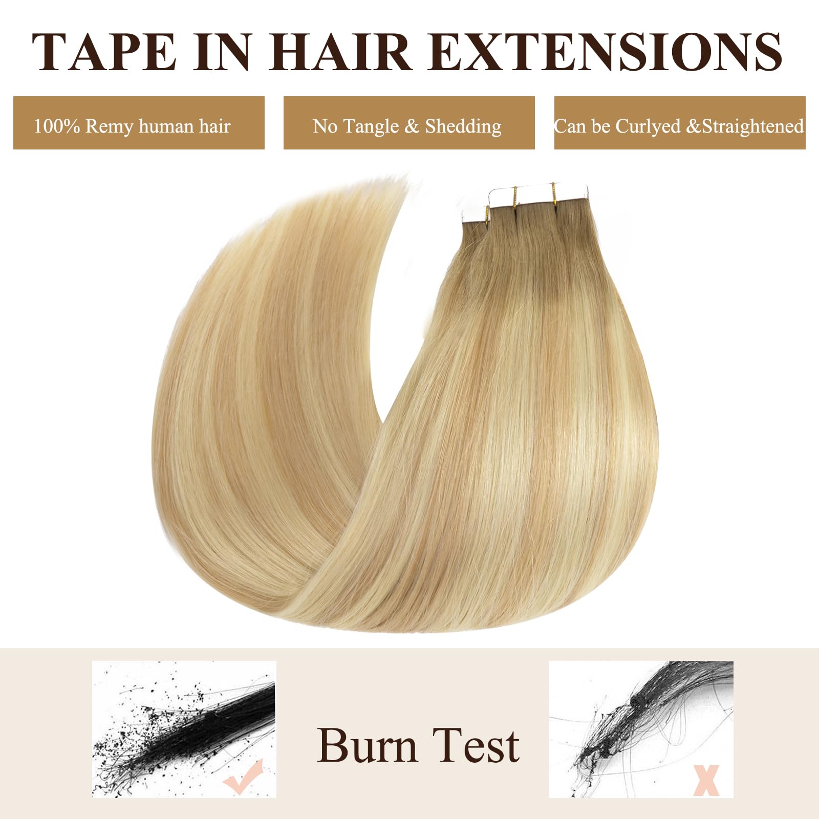 Loxxy Human Hair Tape In Hair Extensions Double Sided Seamless Tape In Natural Hair Extensions Ombre Color Light Golden Brown/Pl