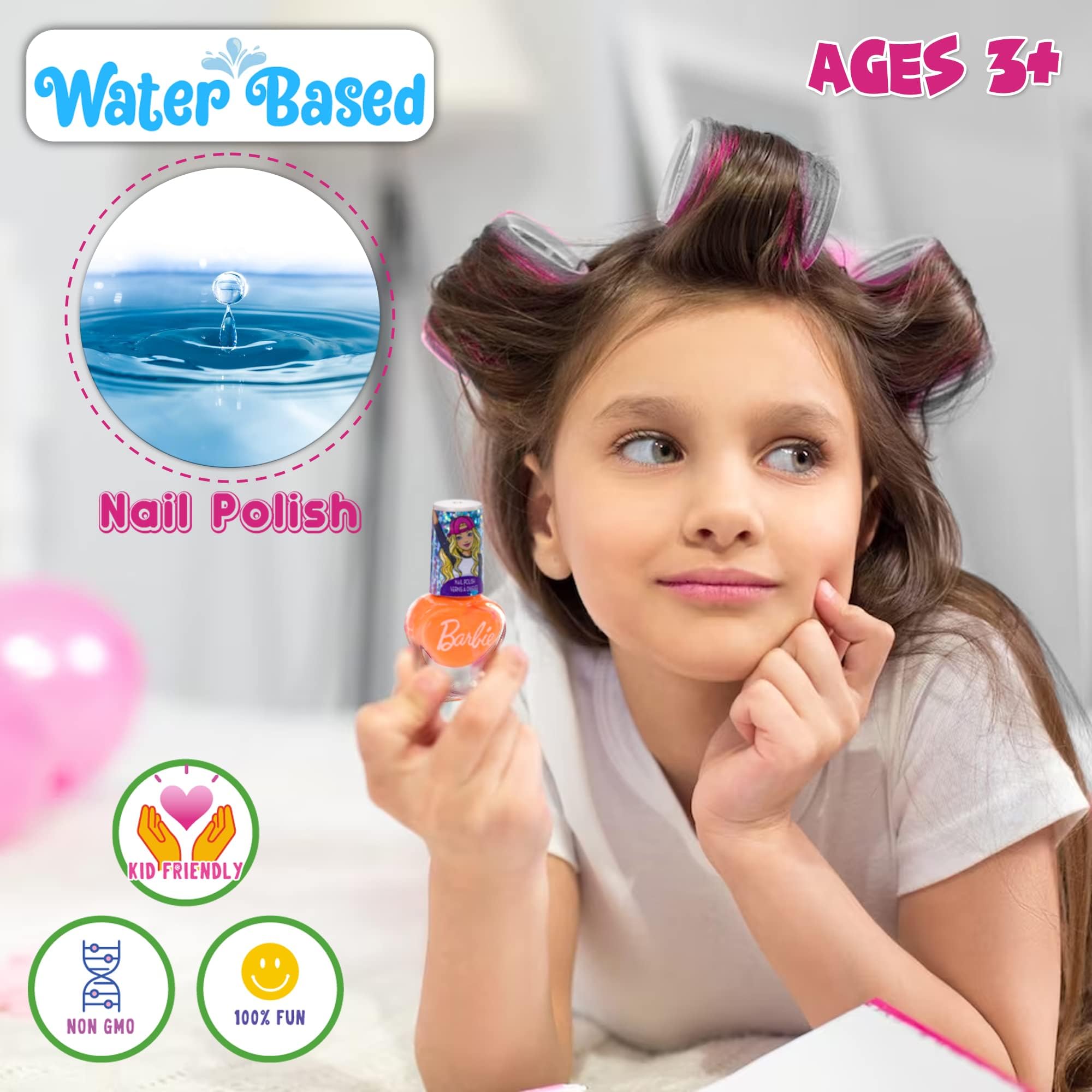 Townley Girl Barbie Movie 18 Piece Kids Nail Polish Set - Water-Based, Pink, Includes Nail Gems Wheel & File for Parties & Makeovers