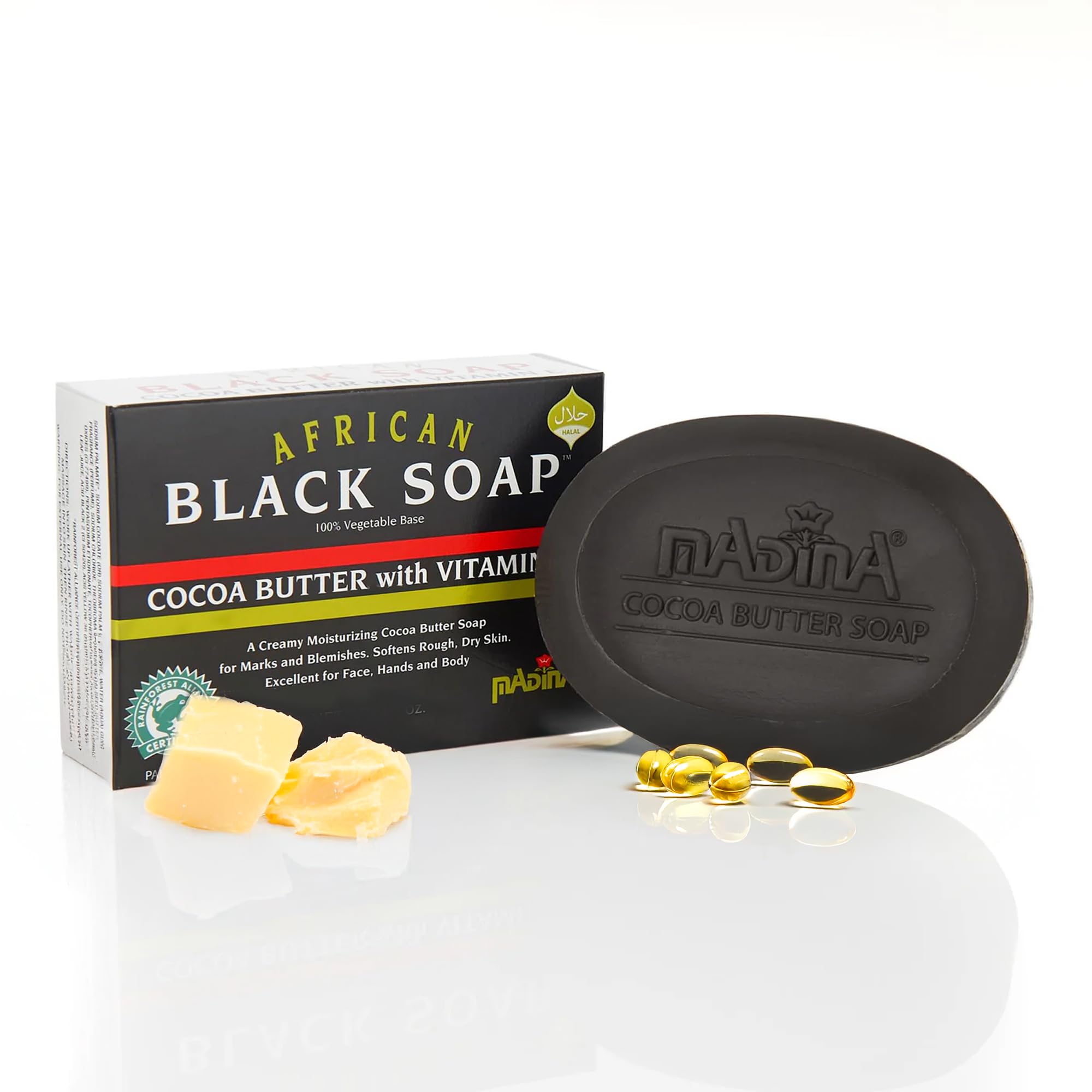 Madina African Black Soap Bar - Cocoa Butter, Vitamin E, Moisturizing, Skin-Restoring, Marks & Blemishes, Face & Body Cleanser, 