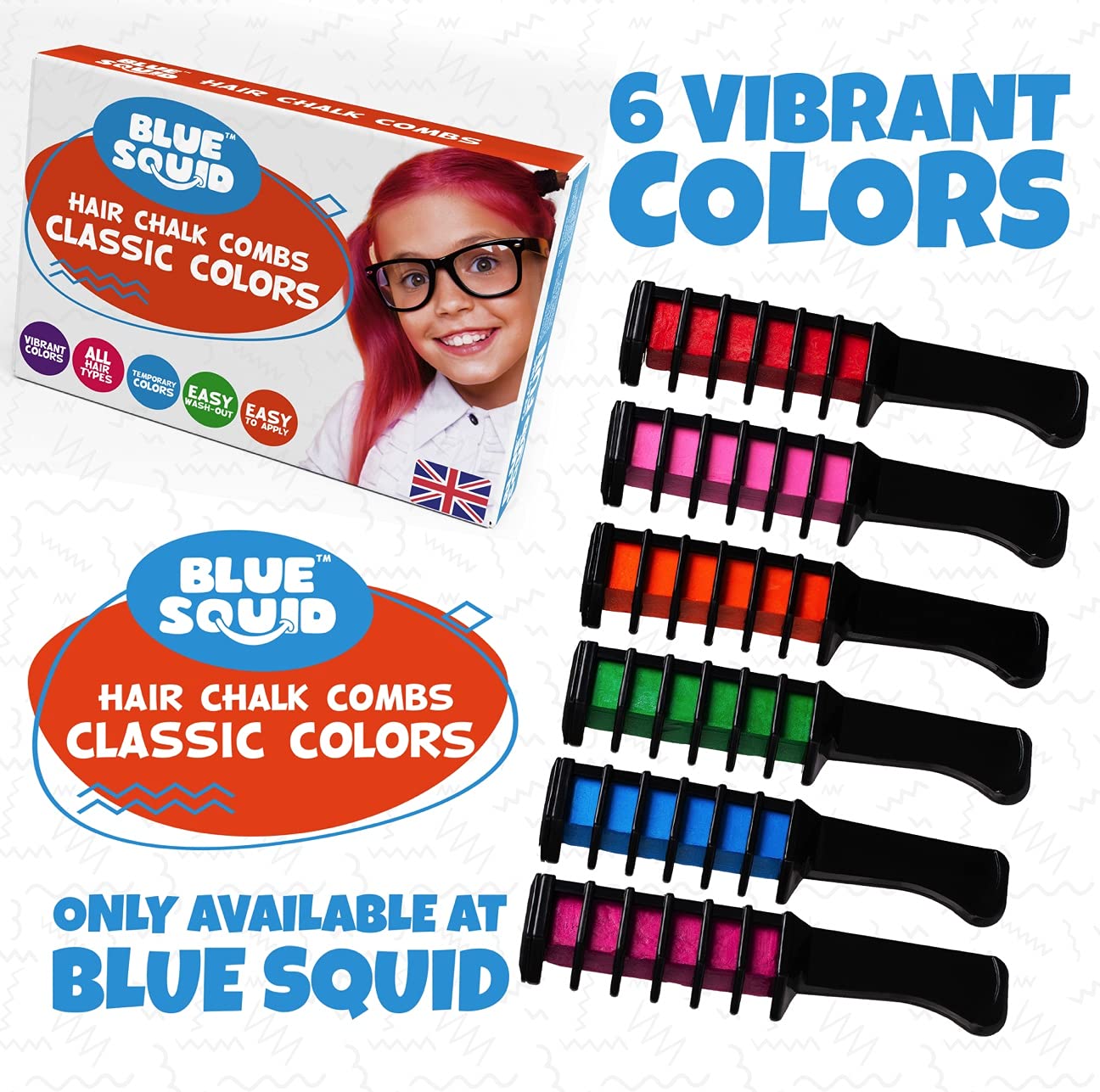 Blue Squid Temporary Hair Color Combs for Kids - Washable, 6 Count, Ages 6-12, Vibrant Colors
