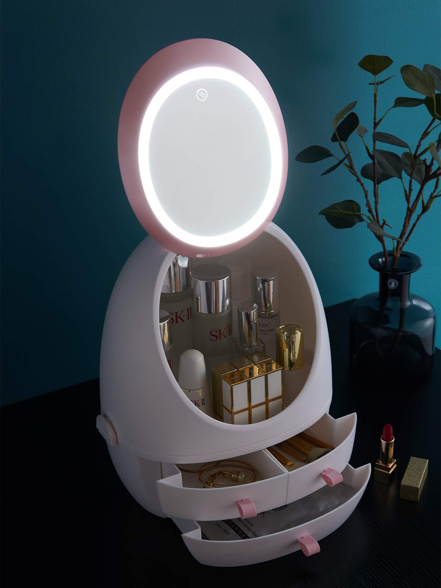 Sooyee Makeup Organizer,Bathroom Counter Organizer, Modern Jewelry and Cosmetic Display Cases with Led Lighted Mirror,Make Up Or