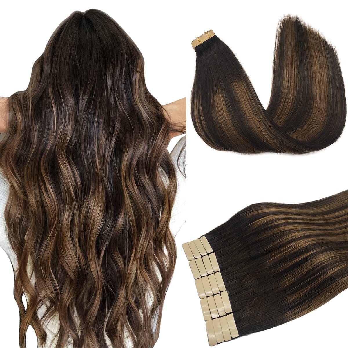 Doores Human Hair Extensions Tape In, Jet Black 26 Inch 60G 20Pcs, Tape In Extensions Human Hair Straight Skin Weft Natural Hair