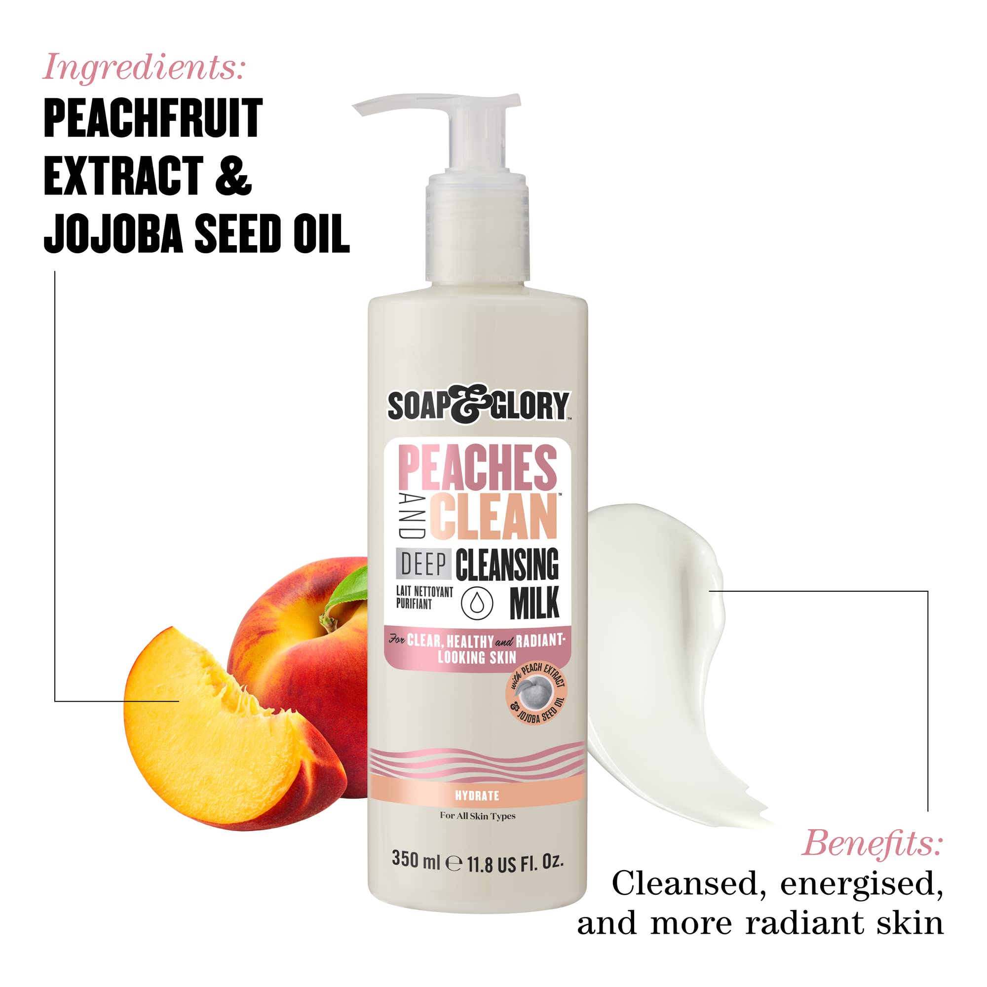 Soap & Glory Peaches & Clean Deep Cleansing Milk - 4 in 1 Milk Cleanser & Makeup Remover with Peach Extract, Ginseng & Jojoba Oi