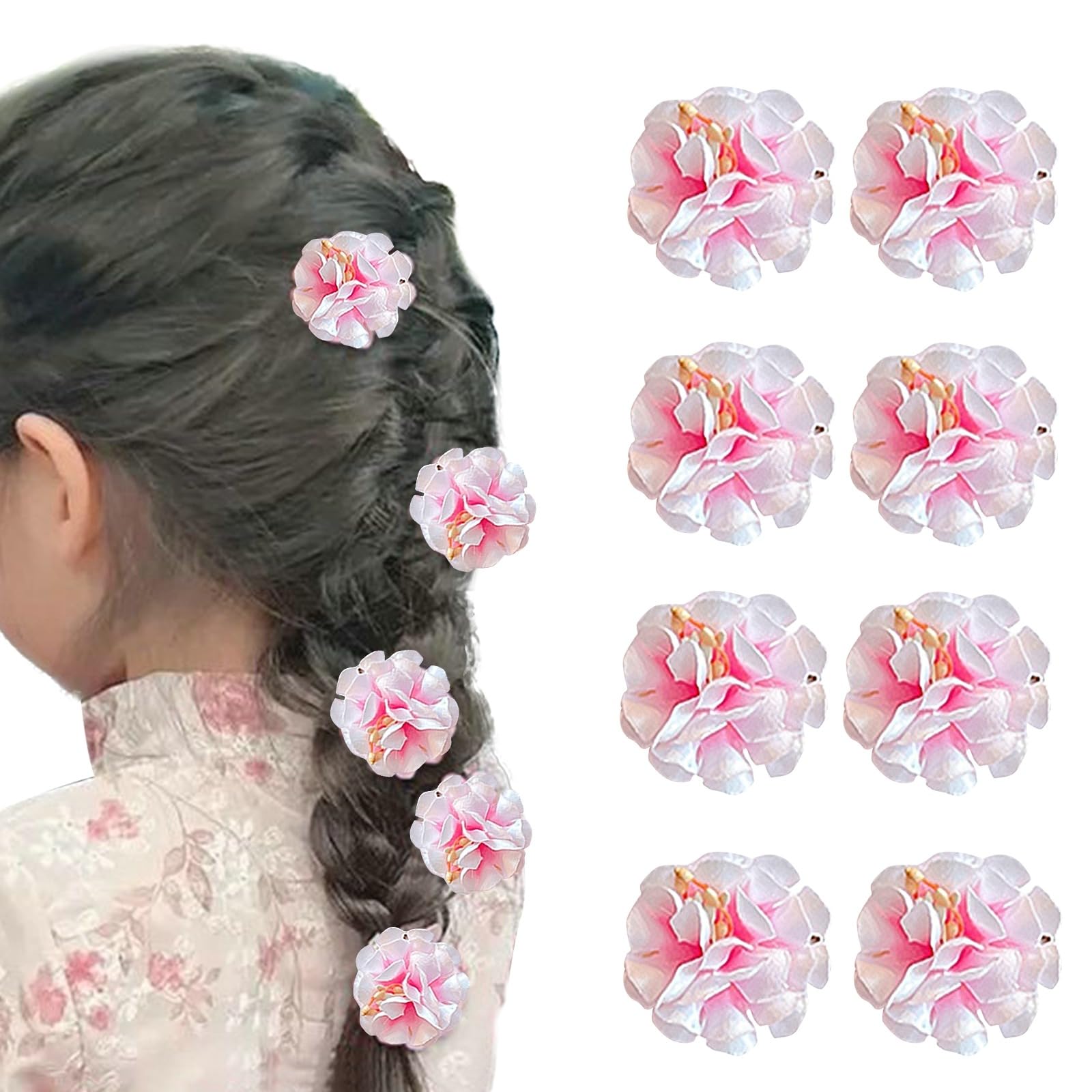 Paderison 8Pcs Pink Flower Hair Clips for Girls Small Hair Clips Mini Hawaiian Hair Clips Sweet Side Clips Chiffon Hair Barrette
