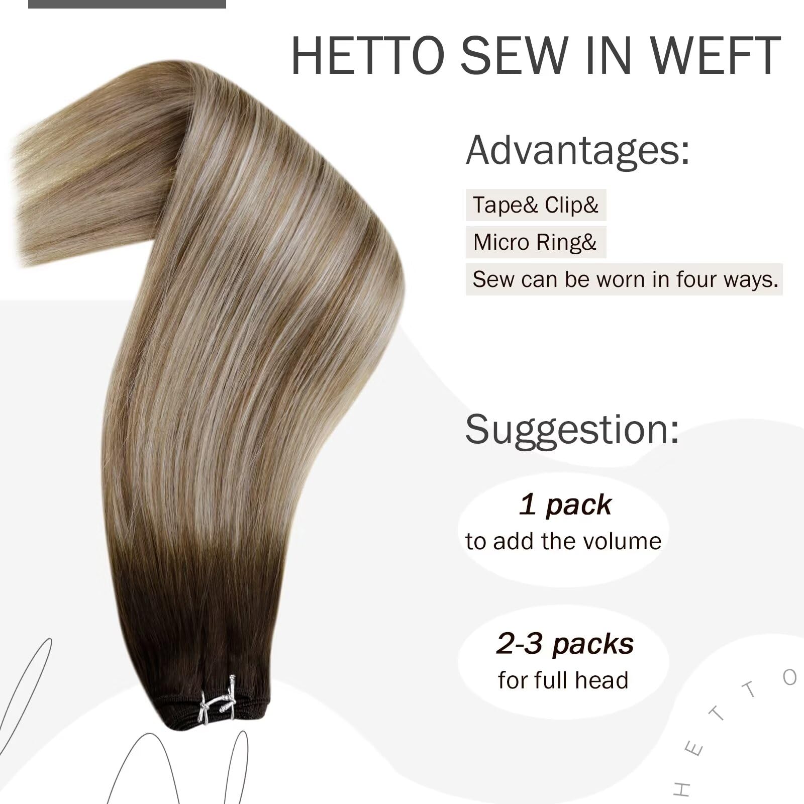 Hetto Ombre Weft Hair Extensions Real Human Hair Sew In Extensions #3/8/22 Fading Brown To Blonde Sew In Hair Extensions Remy We