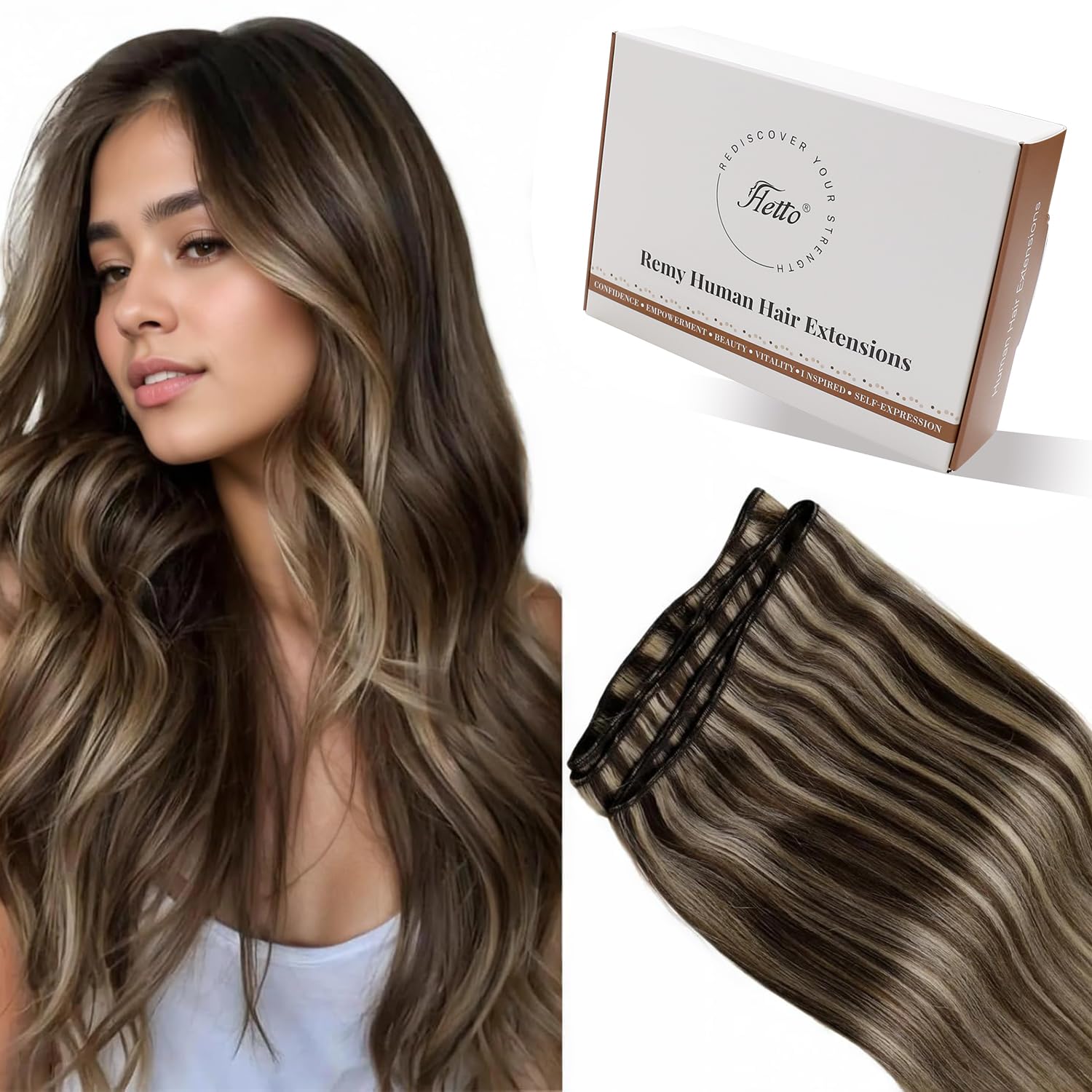 Hetto Sew in Hair Extensions Real Human Hair Brown Highlights Caramel Blonde Weft Hair Extensions Human Hair Highlight Brown Sew