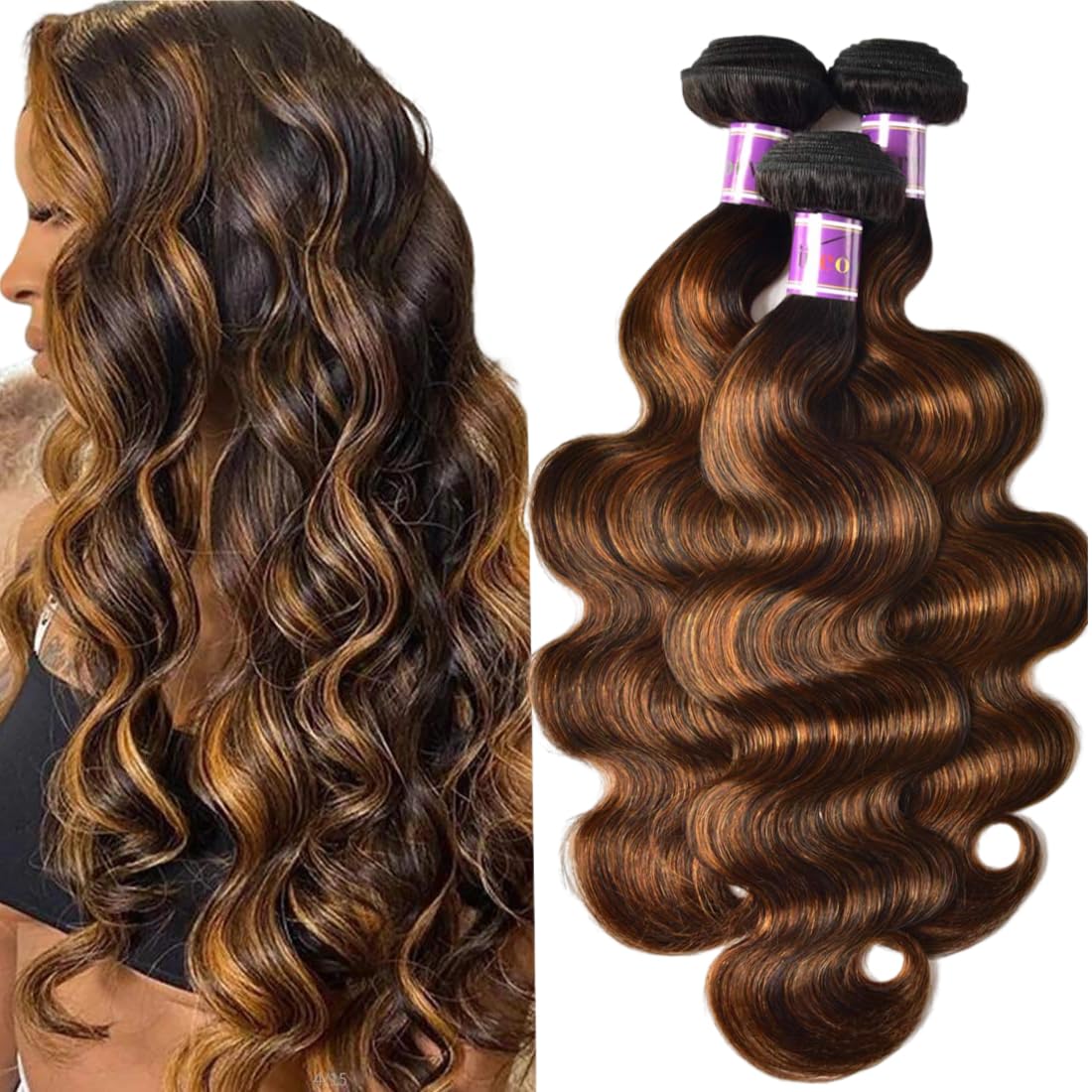 UNice Brown Highlight Body Wave Human Hair Weave 3 Bundles 8 10 12 inch, Brazilian Remy Hair Ombre Blonde Human Hair Wavy Weaves