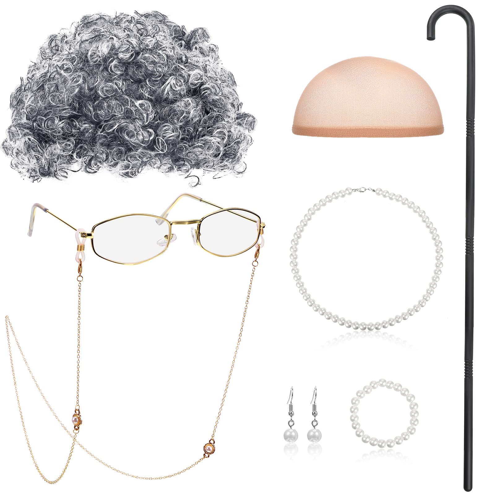 BBTO Old Lady Cosplay Set Grandma Gray Wig for Kids Women Walking Cane Glasses Chain Cords Faux Pearl Bead Necklace