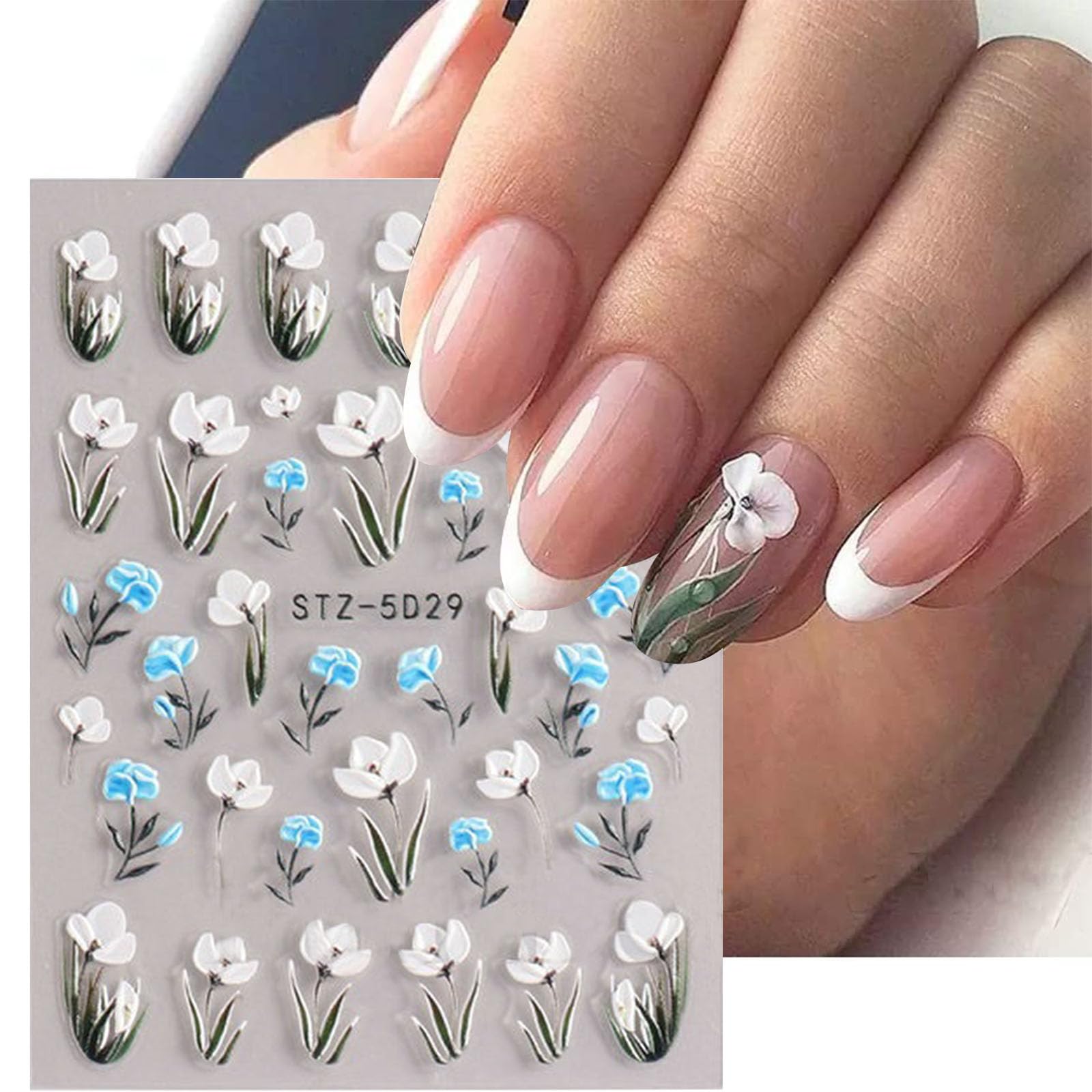 Votacos Flower Nail Stickers For Nail Art 5D Embossed Engraved Nail Decals 3D Spring Summer Nail Supplies Accessories White Blue