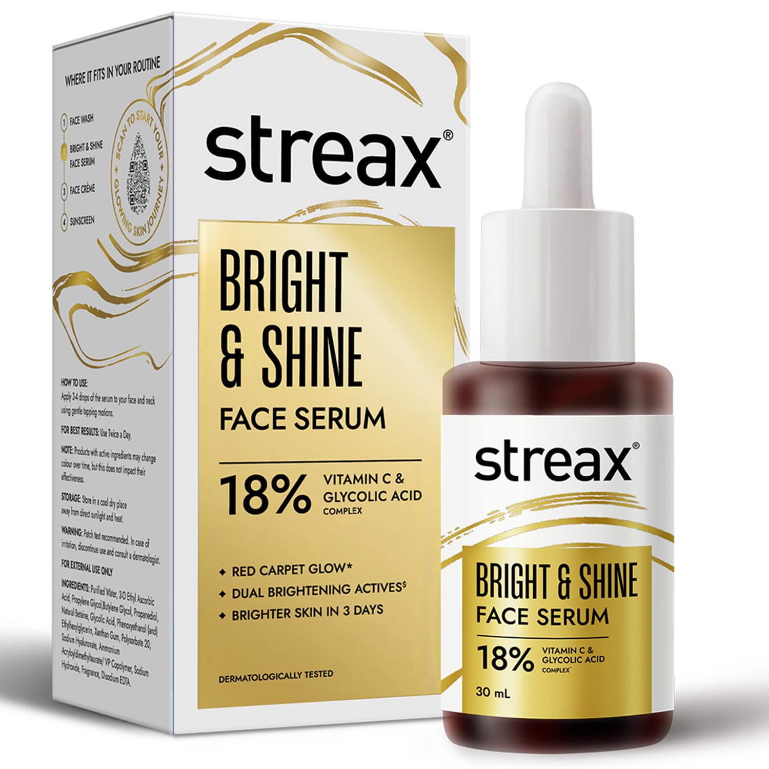 Streax Vitamin C Face Serum, 30 Ml | 18% Vitamin C | Dark Spots Reduction | Brighter Skin In 3 Days | Serum For Glowing Skin | B