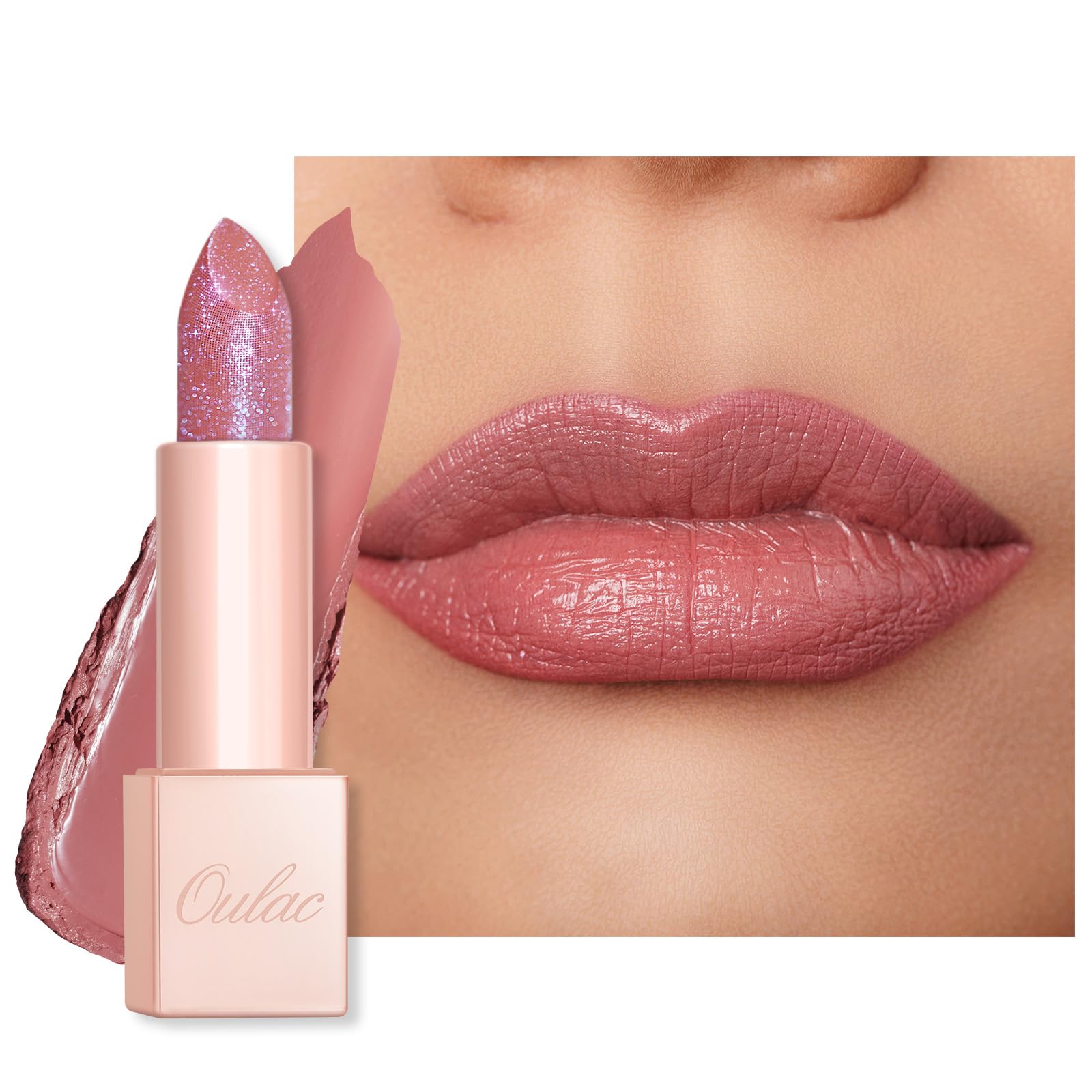 Oulac Moisturizing Pink Lipstick for Women - Tinted Lip Balm with Sparkle, Lightweight Lip Makeup, Mirror Design, Vegan & Gluten