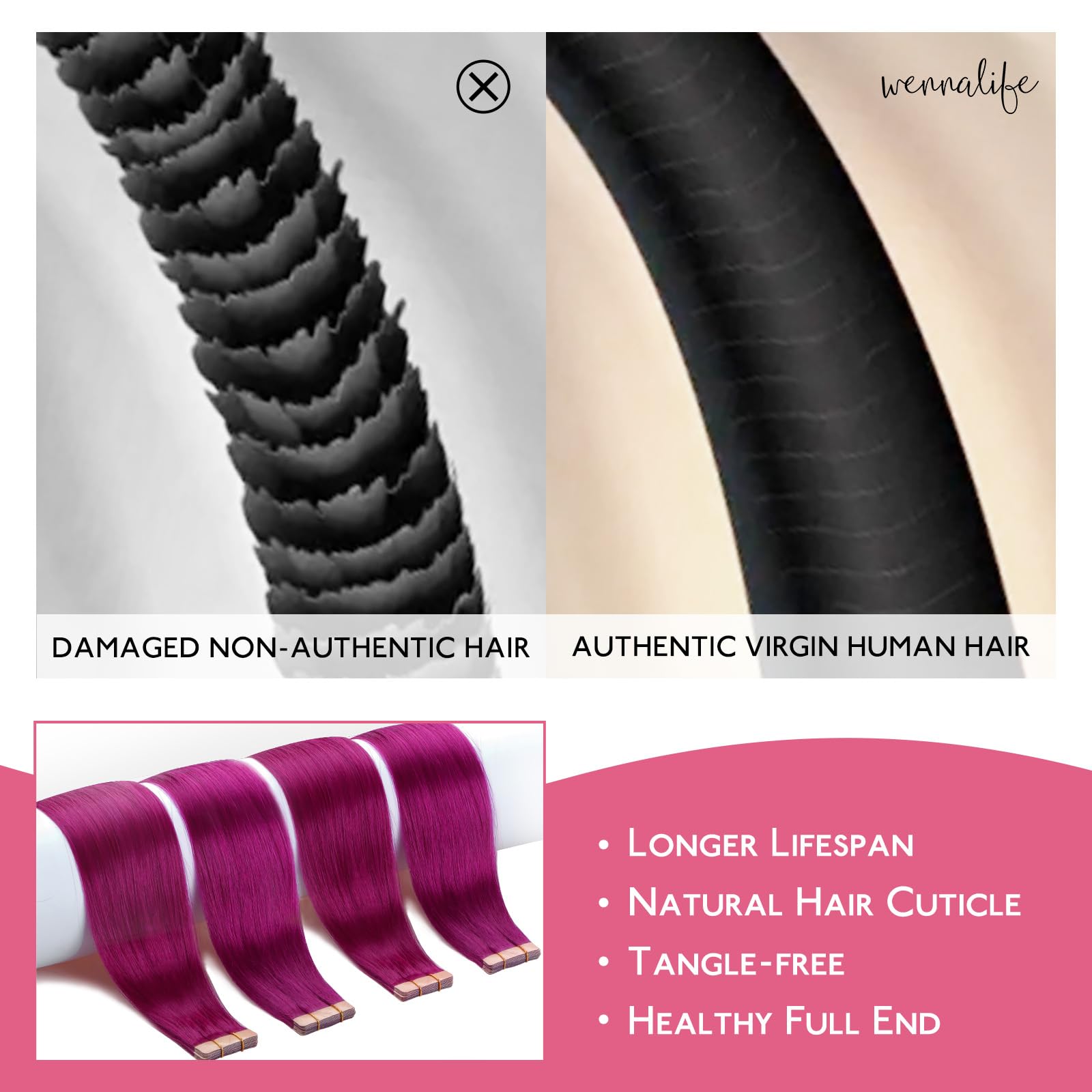 Wennalife Tape In Hair Extensions Human Hair Violet Tape In Extensions, 10Pcs 30G 26 Inch Remy Invisible Tape Ins Straight Color