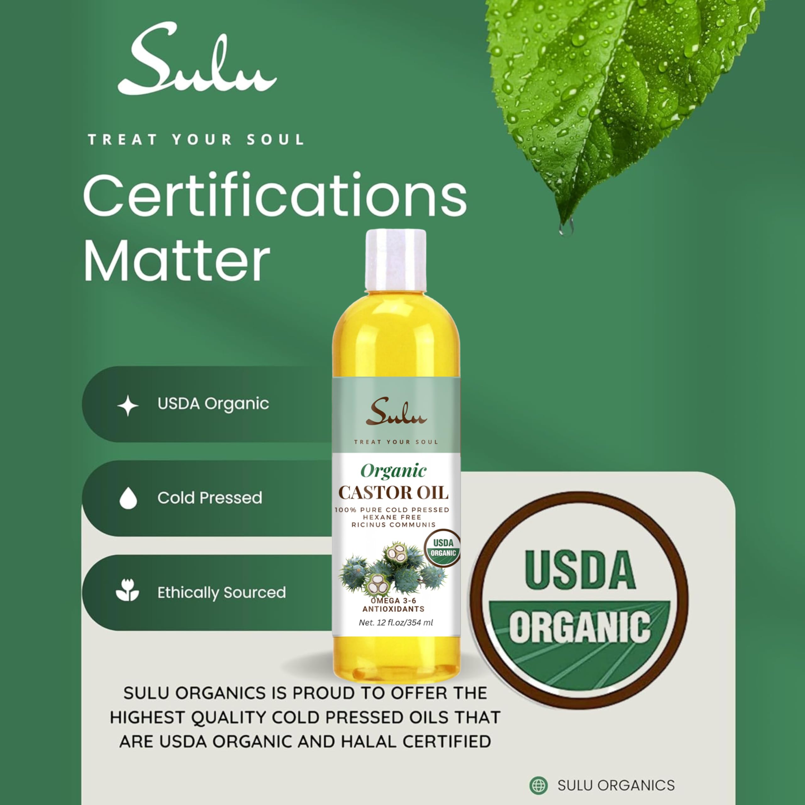 12 Ounces 100% Cold Pressed Hexane Free Castor Oil USP