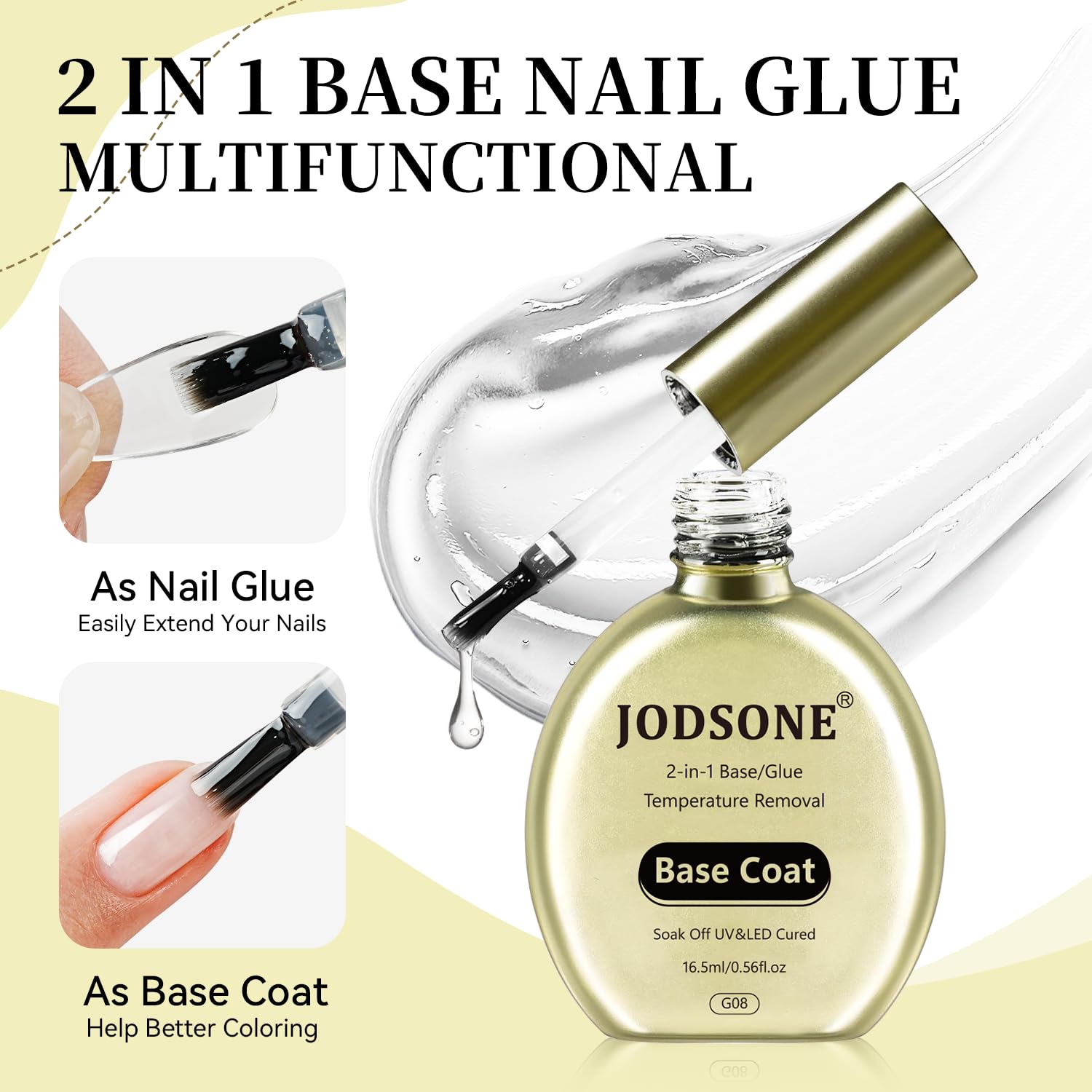 JODSONE 2-in-1 Base Coat - 16.5ml No Wipe, Warmly Removable Foundation for Gel Nail Polish & Tips. U V/LED Cured, Long-Lasting,