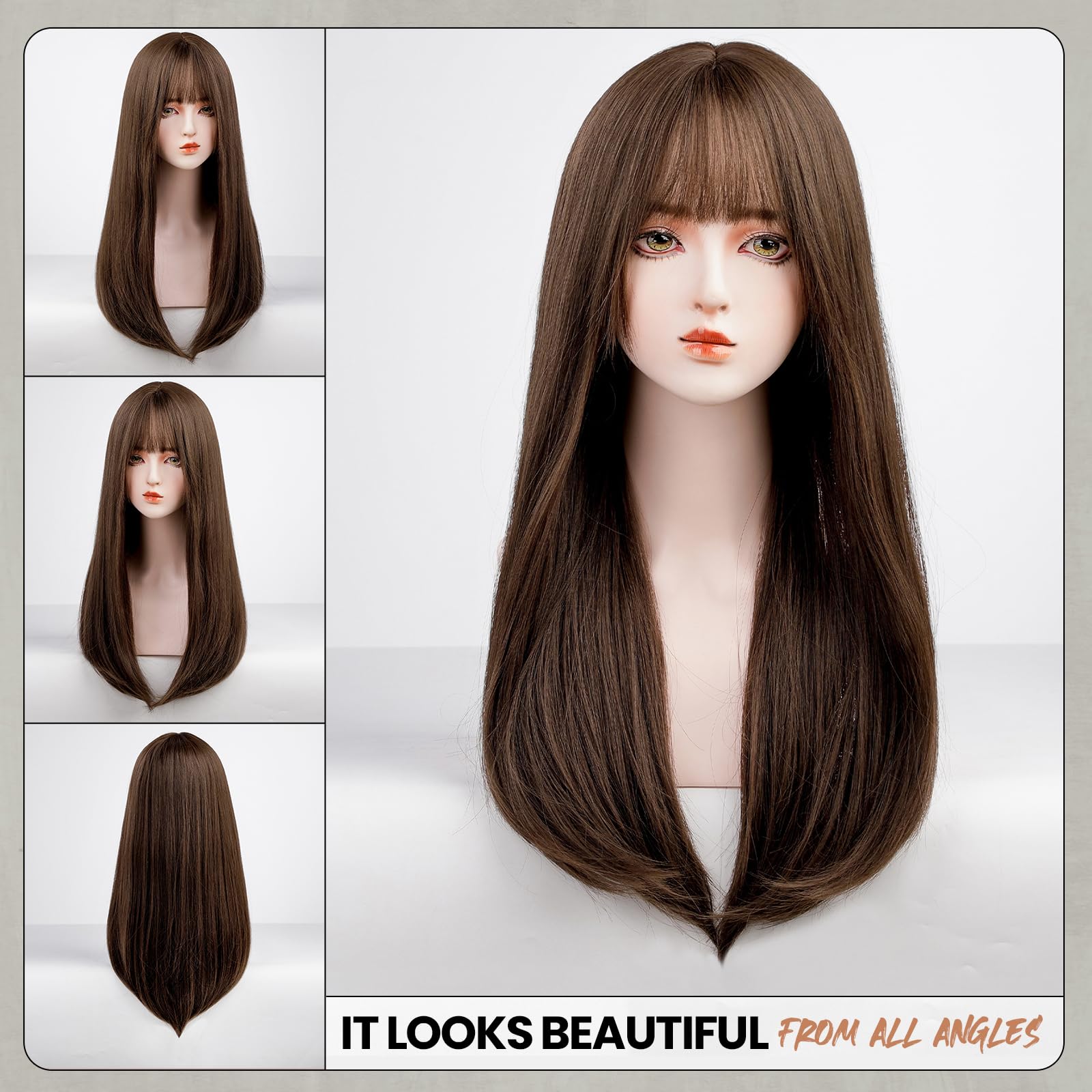 Emmor Brown Wig With Bangs For Women Long Straight Wigs Synthetic For Girls Halloween Party Cosplay And Daily Use(26'' Brown)