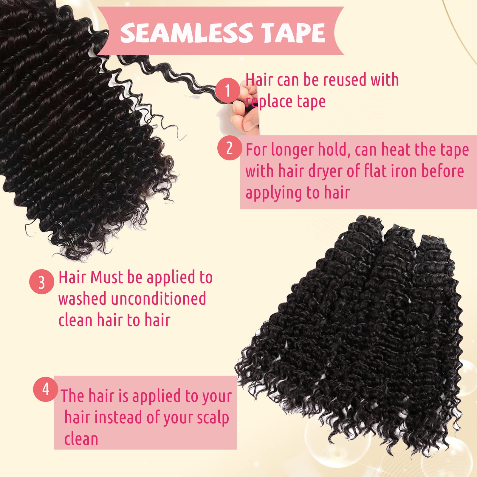 Deep Wave Tape In Hair Extensions Real Human Hair, 24'' Wave Natural Black Tape In Extensions Double Sided Human Hair Tape In Ex