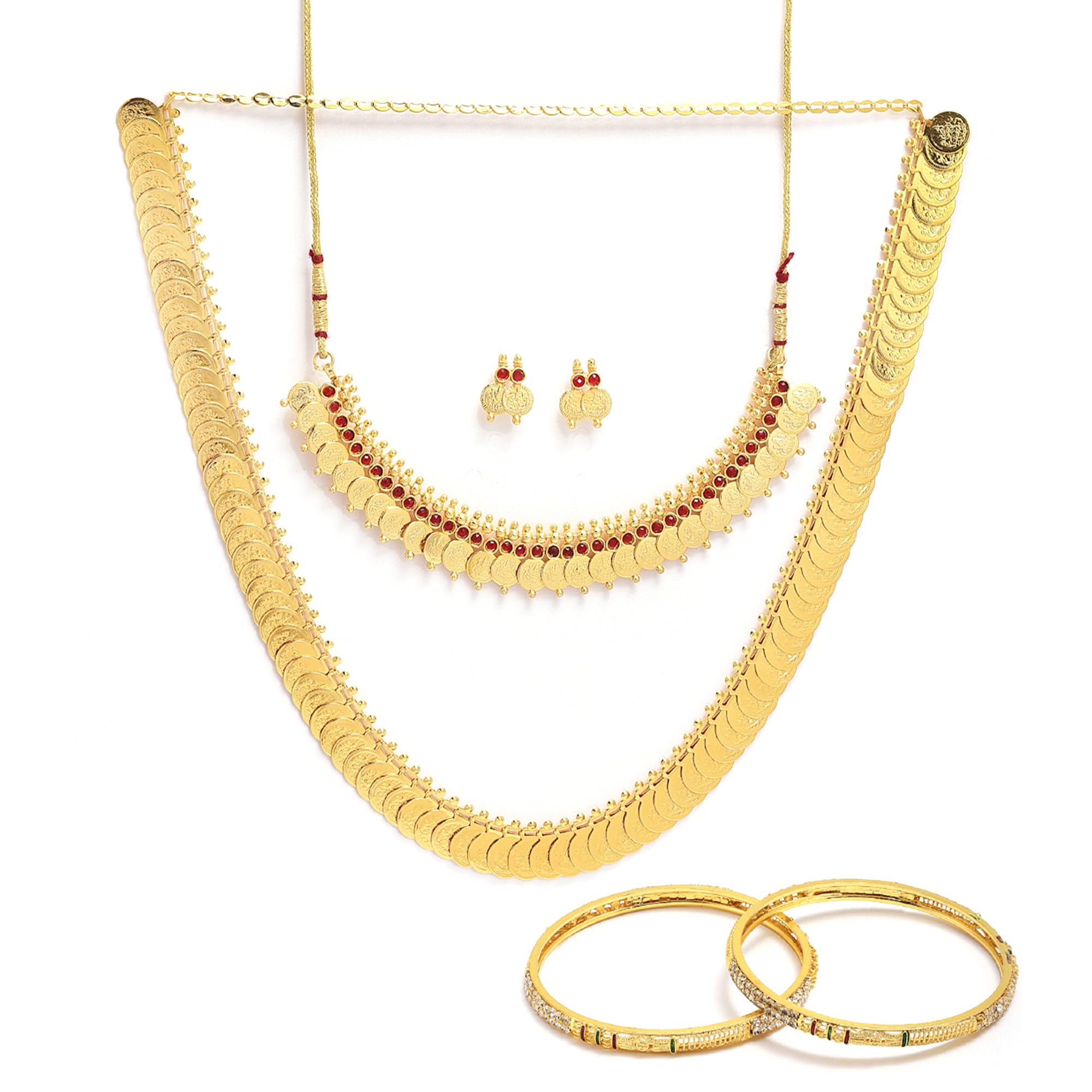 ZENEME Gold Plated and Bangles & Maharani Temple Coin Necklace Set for Women & Girls (Design_05, 2.8 Inches)