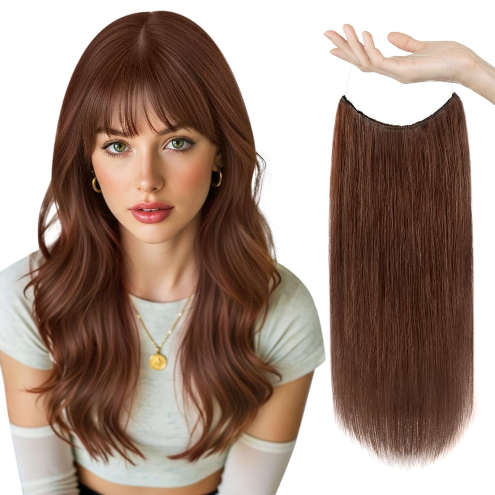 Sunny Wire Hair Extensions Real Human Hair Fish Line Human Hair Extensions Invisible Wire Extensions Auburn Red #33 18 Inch
