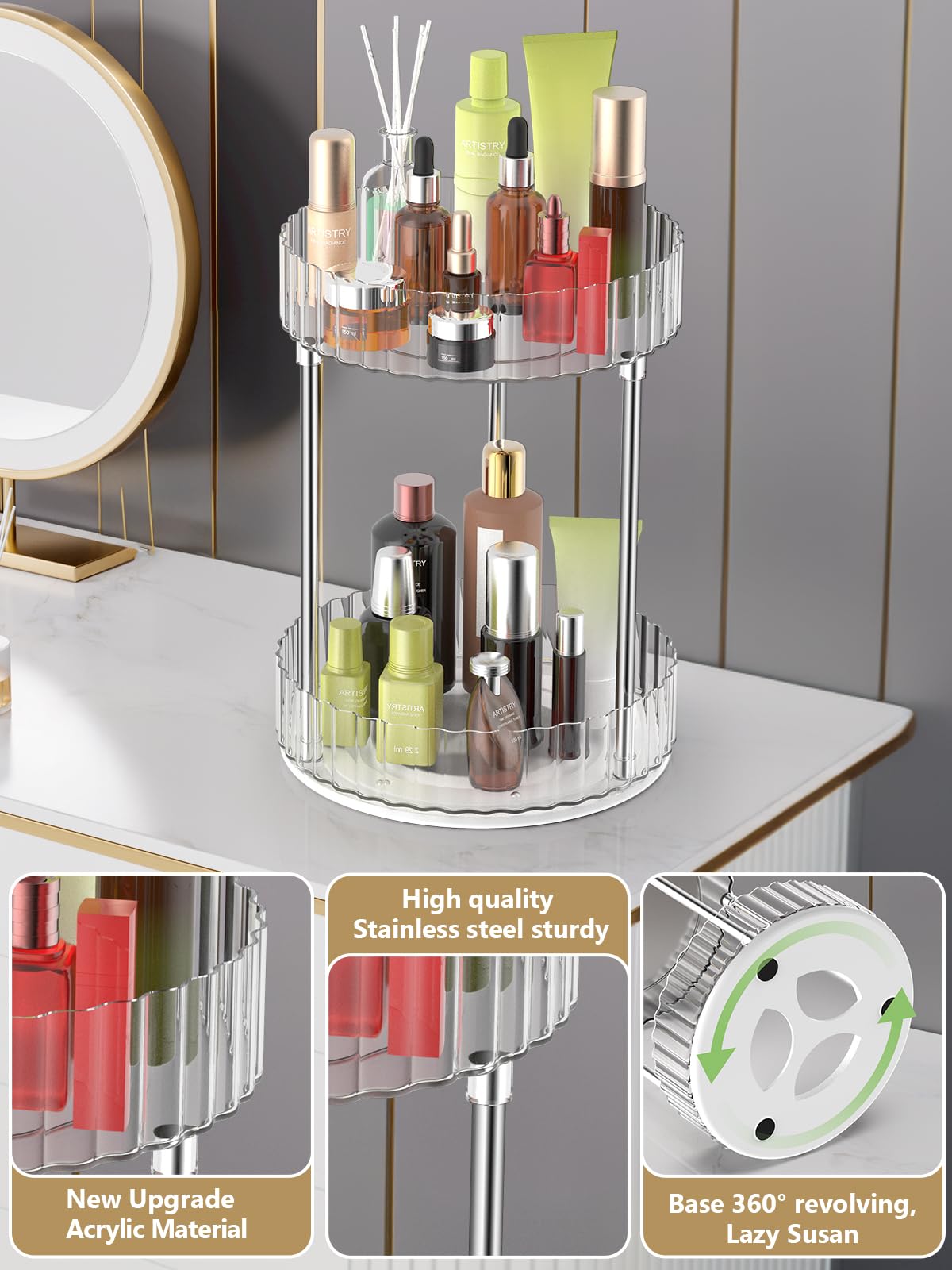 Wnyt Makeup Organizer,360 Rotating Makeup Organizer, 2-Tier Round Rotating Skincare Organizer Countertop,Fits Bedroom, Bathroom,