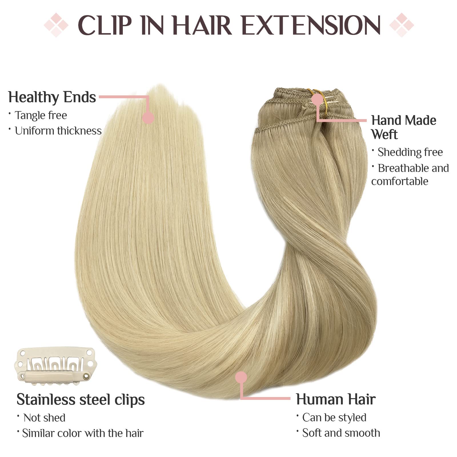 Hair Extensions Clip In Human Hair, 120G 7Pcs Ash Blonde To Golden Blonde And Platinum Blonde 14 Inch, Maxita Real Hair Extensio