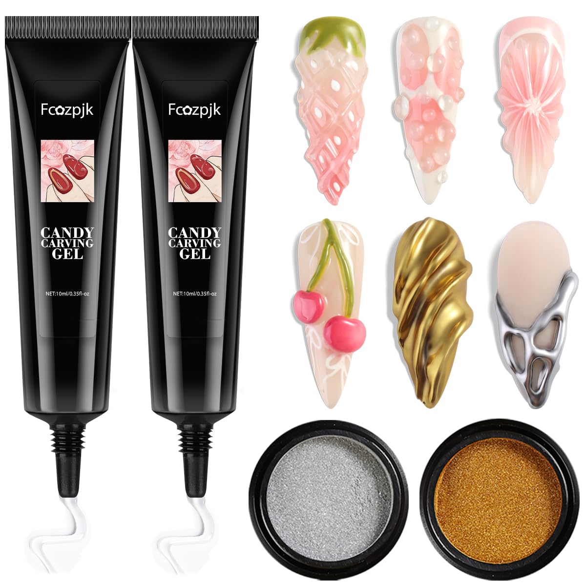 Fcozpjk 3D Sculpting Gel for Nail Art - 2PCS 10g Clear Liner Polish Carving Modeling Kit With Gold Silver Chrome Powder for 5D E