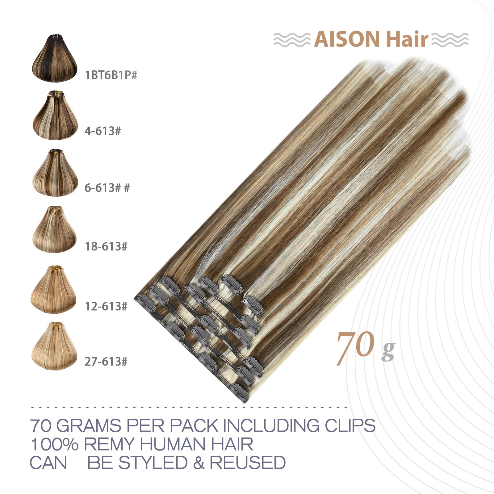 Aison Clip in Hair Extensions 70G Light Brown to Blonde Highlights 100% Remy Human Hair Extensions 7A Soft Silky Straight 7pcs 1