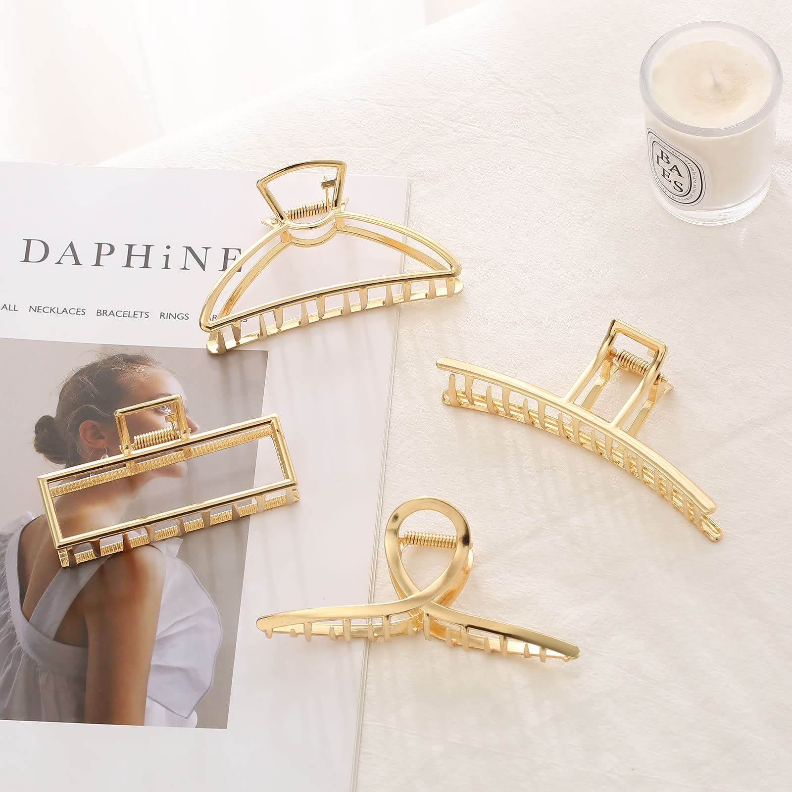 4 Pack Large Gold Hair Claw Clips for Women Thick Hair, Non-Slip Hair Catch Barrette Jaw Clamp, French Design Metal Cross Banana