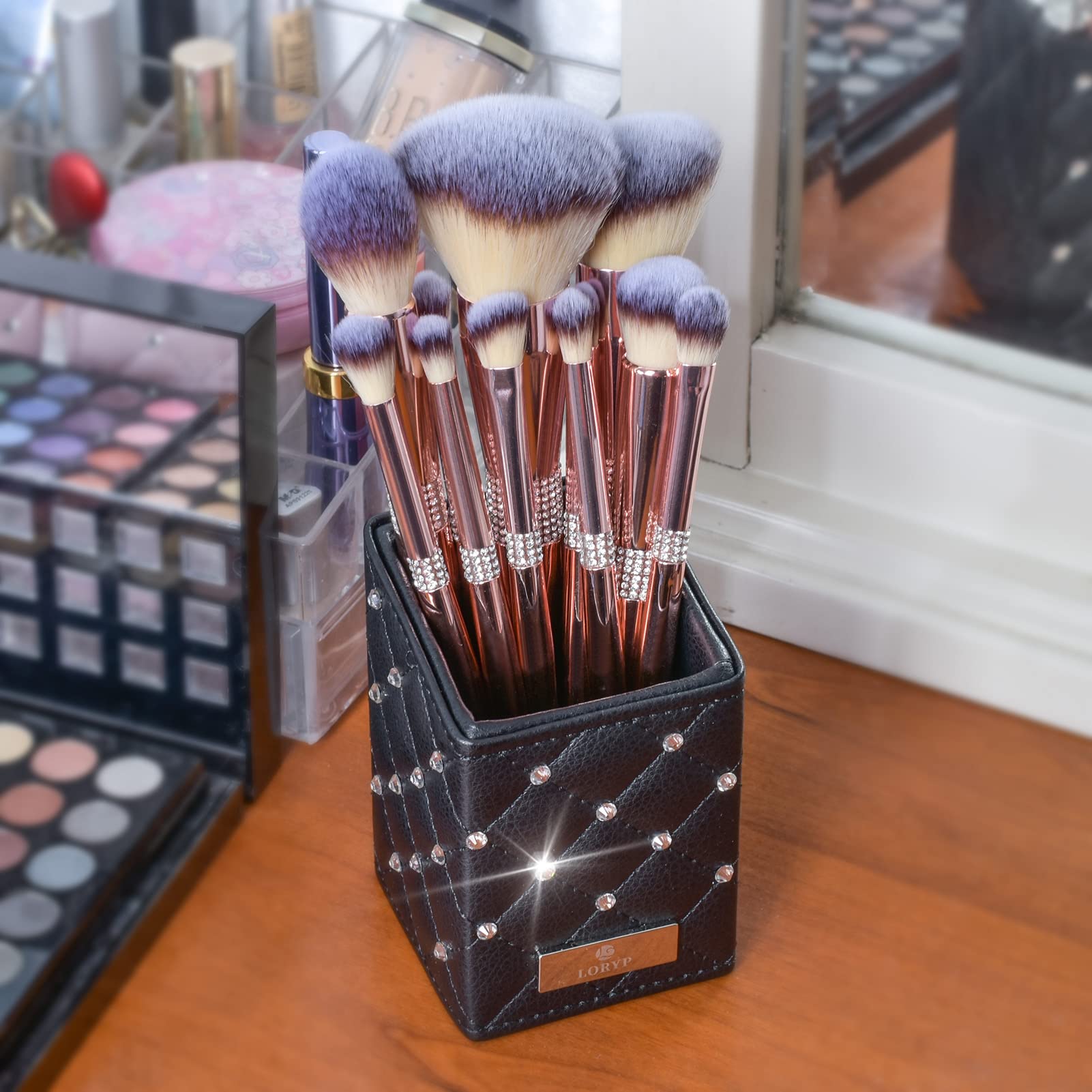 LORYP Makeup Brush Holder Crystal Brushes Cup Black PU Make up Brush Case Bag Storage for Women (Black)