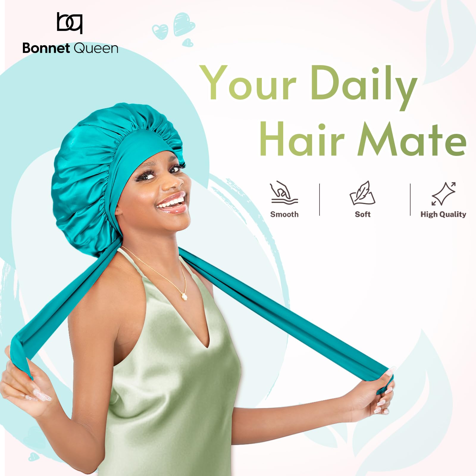 BONNET QUEEN Silk Bonnet for Sleeping Women Satin Bonnet Hair Bonnet Night Sleep Cap Scarf wrap for Curly Hair with tie Band Aqu