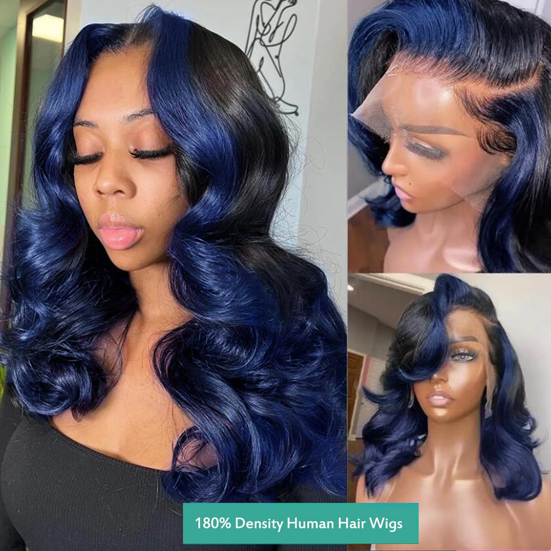 Yms Ombre Blue 13X4 Hd Lace Front Wigs Human Hair 180% Density Dark Blue Human Hair Wigs For Women Blue Skunk Stripe Glueless Wi