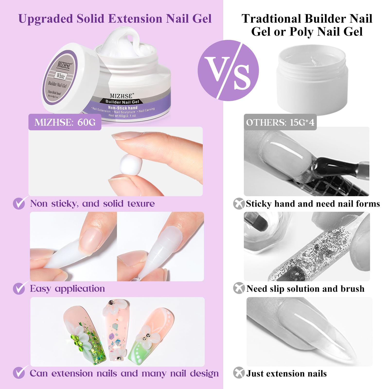 Mizhse Solid Builder Gel For Nails, 60G White 3D Gel Nail Art Sculpture Gel Non-Sticky Carving Nail Extension Soak Off Uv Led Ha